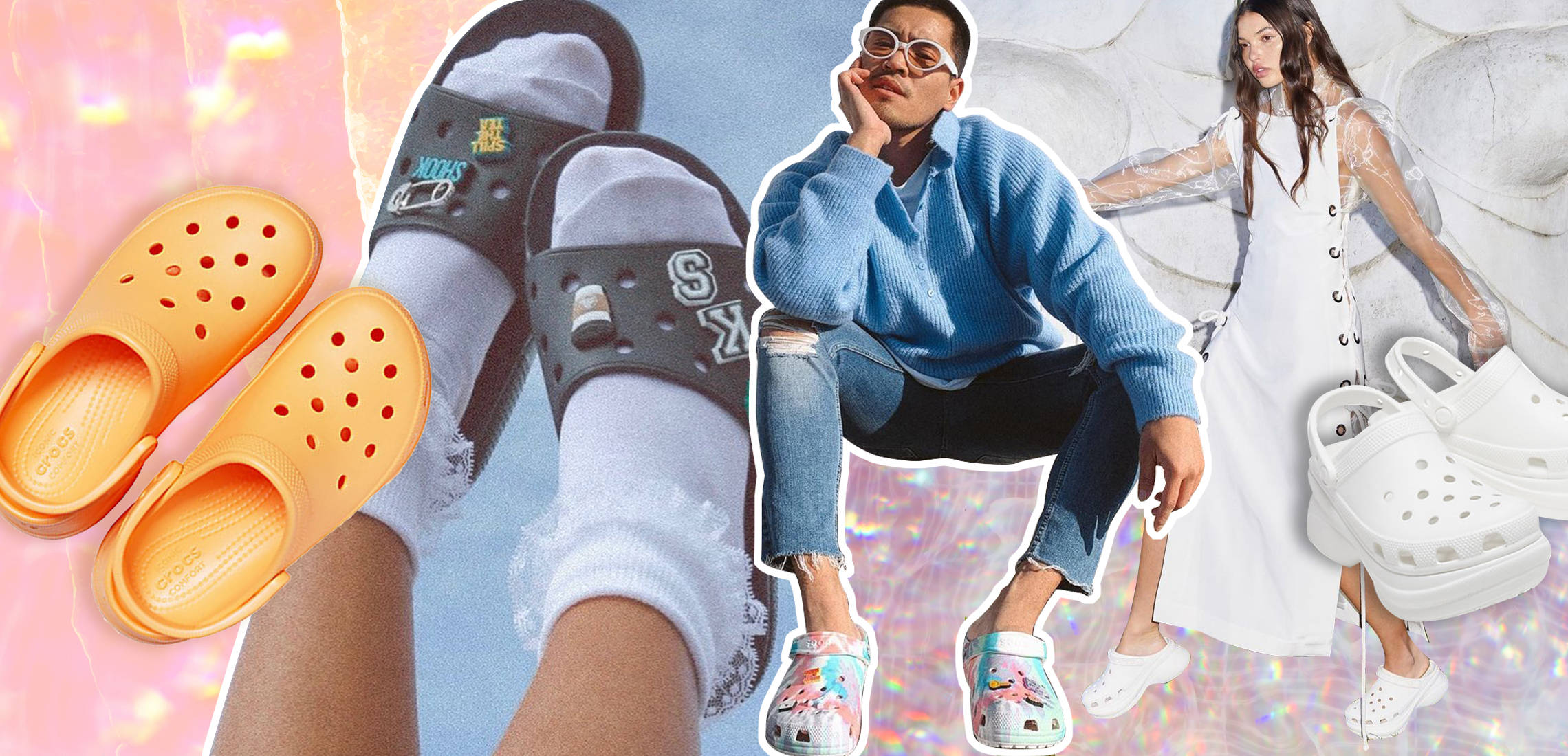 Crocs 桌布 壁紙 — 一個充滿活力的拼貼畫，人們穿著色彩繽紛的Crocs，搭配襪子和服裝，背景是閃閃發光的粉紅色和藍色。
