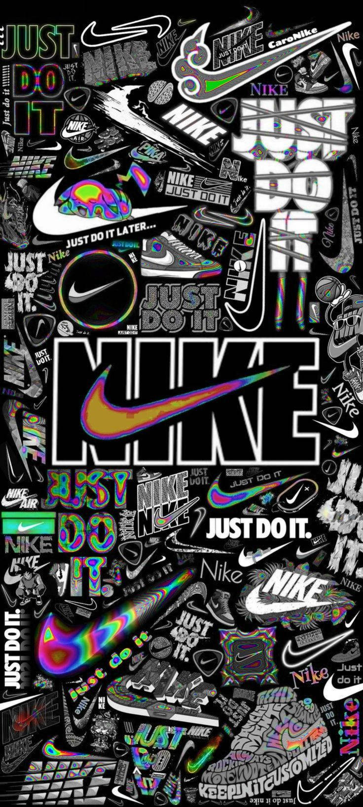 Nike 桌布 壁紙 — 一個充滿活力的拼貼畫，以黑色背景上的彩虹漸變呈現Nike標誌、口號和運動鞋設計。