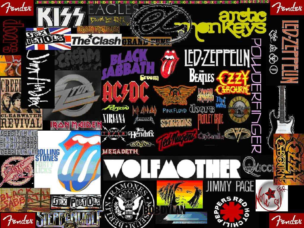 rock and roll 桌布 壁紙 — 一個充滿活力的拼貼畫，以黑色背景為襯托，展示標誌性搖滾樂隊標誌和吉他品牌。