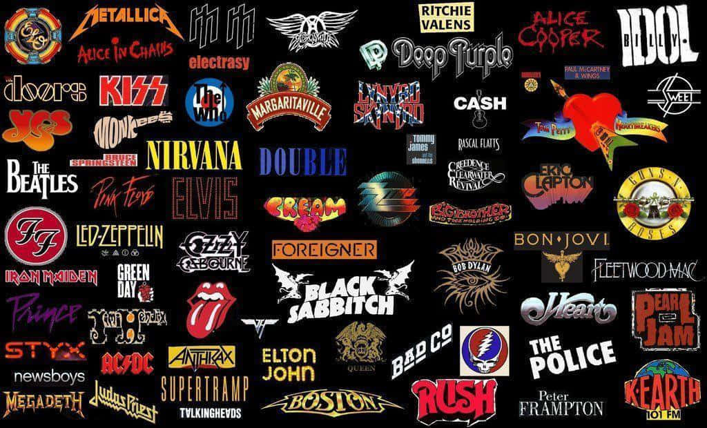 rock and roll 桌布 壁紙 — 一個充滿活力的拼貼畫，以黑色背景襯托出標誌性的搖滾樂隊標誌和音樂藝術家徽章。