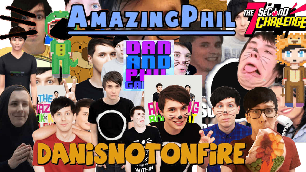 dan and phil 桌布 壁紙 — 一個充滿活力的拼貼畫，包含Dan和Phil等YouTuber，帶有俏皮的像素藝術和粗體文字疊加。
