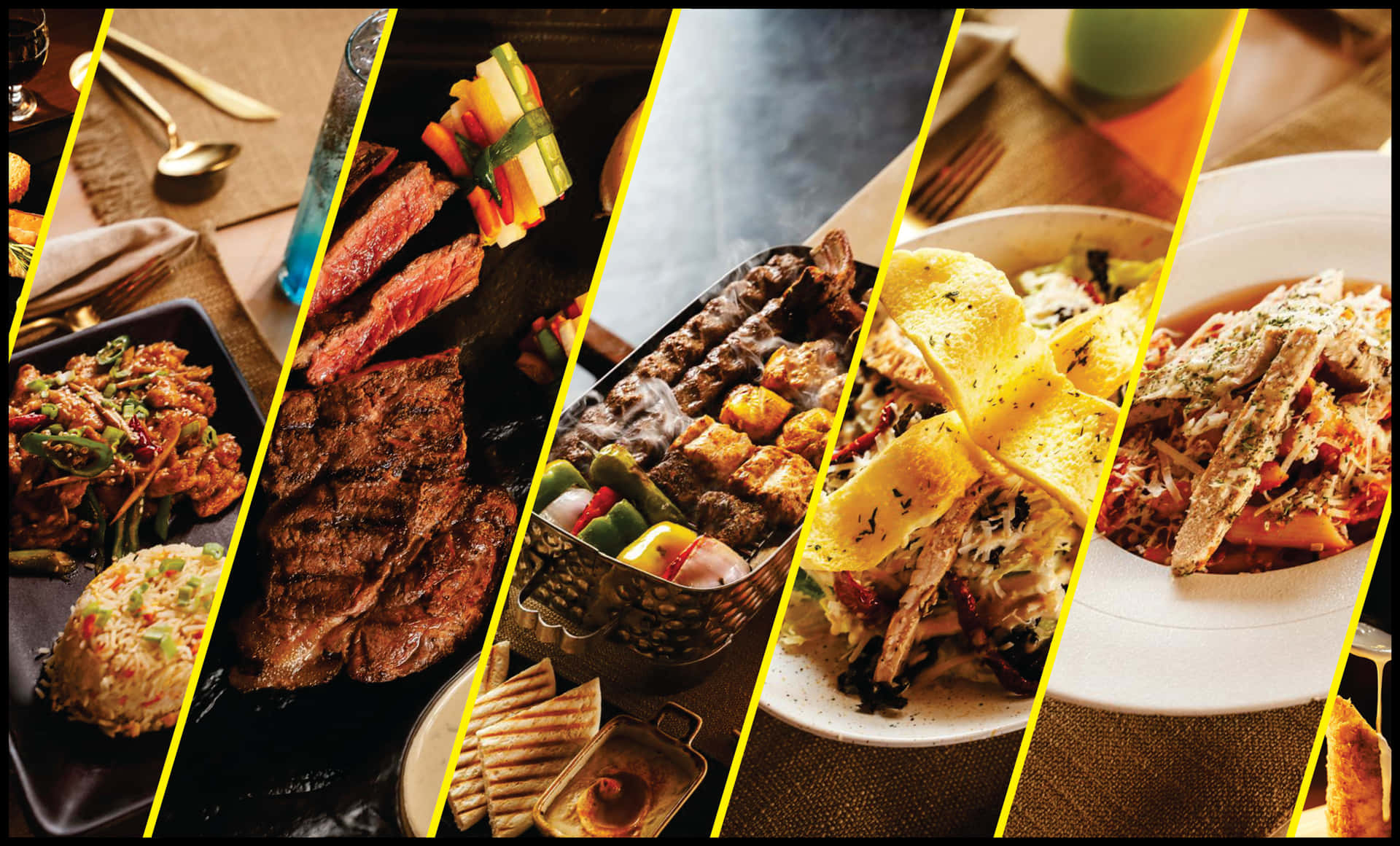 Fast Food Wallpaper Photos Images , Food Wallpaper , Fast Food Wallpaper Images 壁紙 — 一個充滿活力的拼貼畫，包含五道美食菜餚，包括烤牛排、米飯、義大利麵和串燒，以鮮明的黃色對角線分隔。