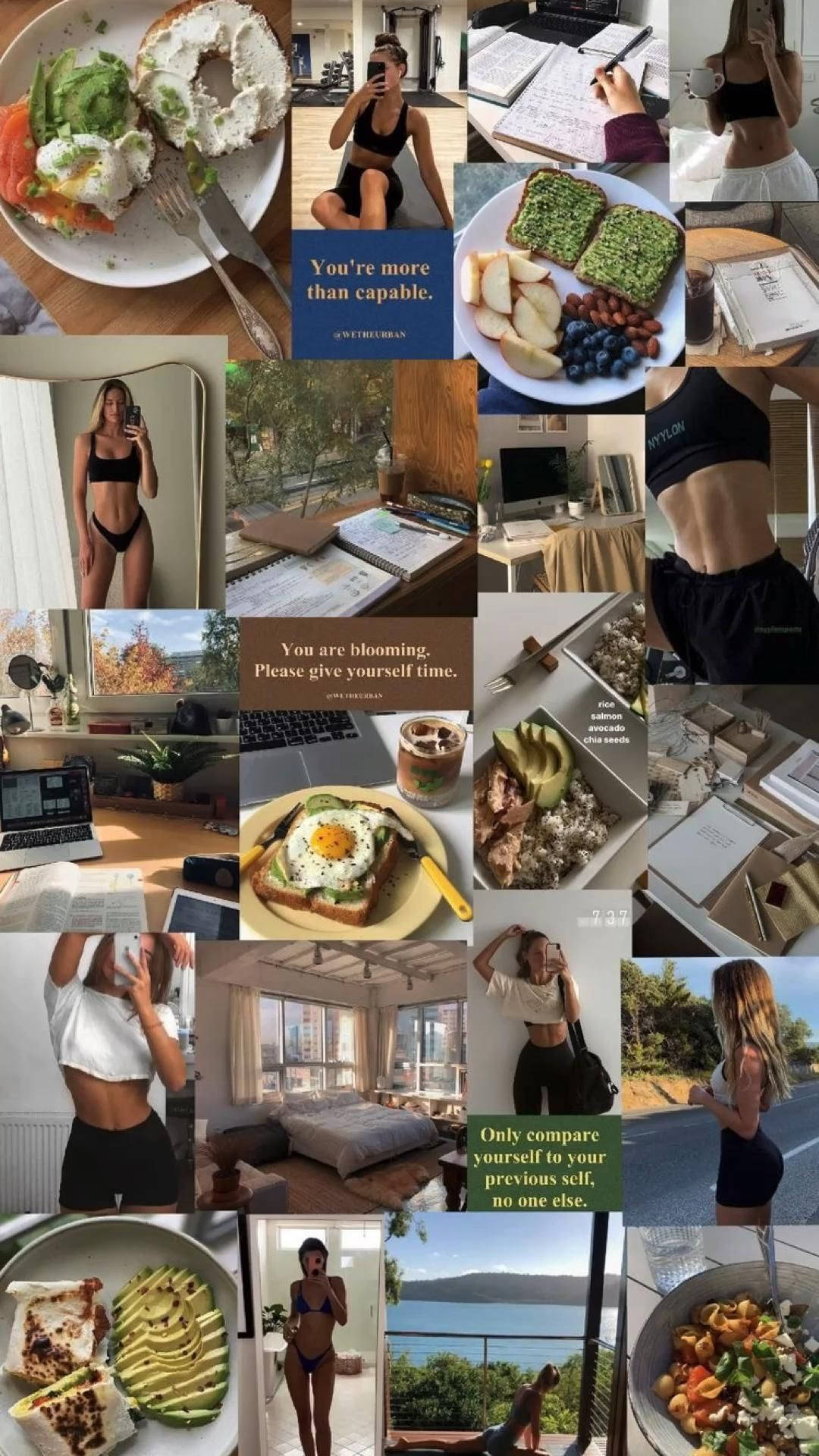 That Girl Aesthetic 桌布 壁紙 — 一個充滿活力的拼貼畫，包含健身自拍、健康餐點和勵志名言，頌揚自愛與健康。