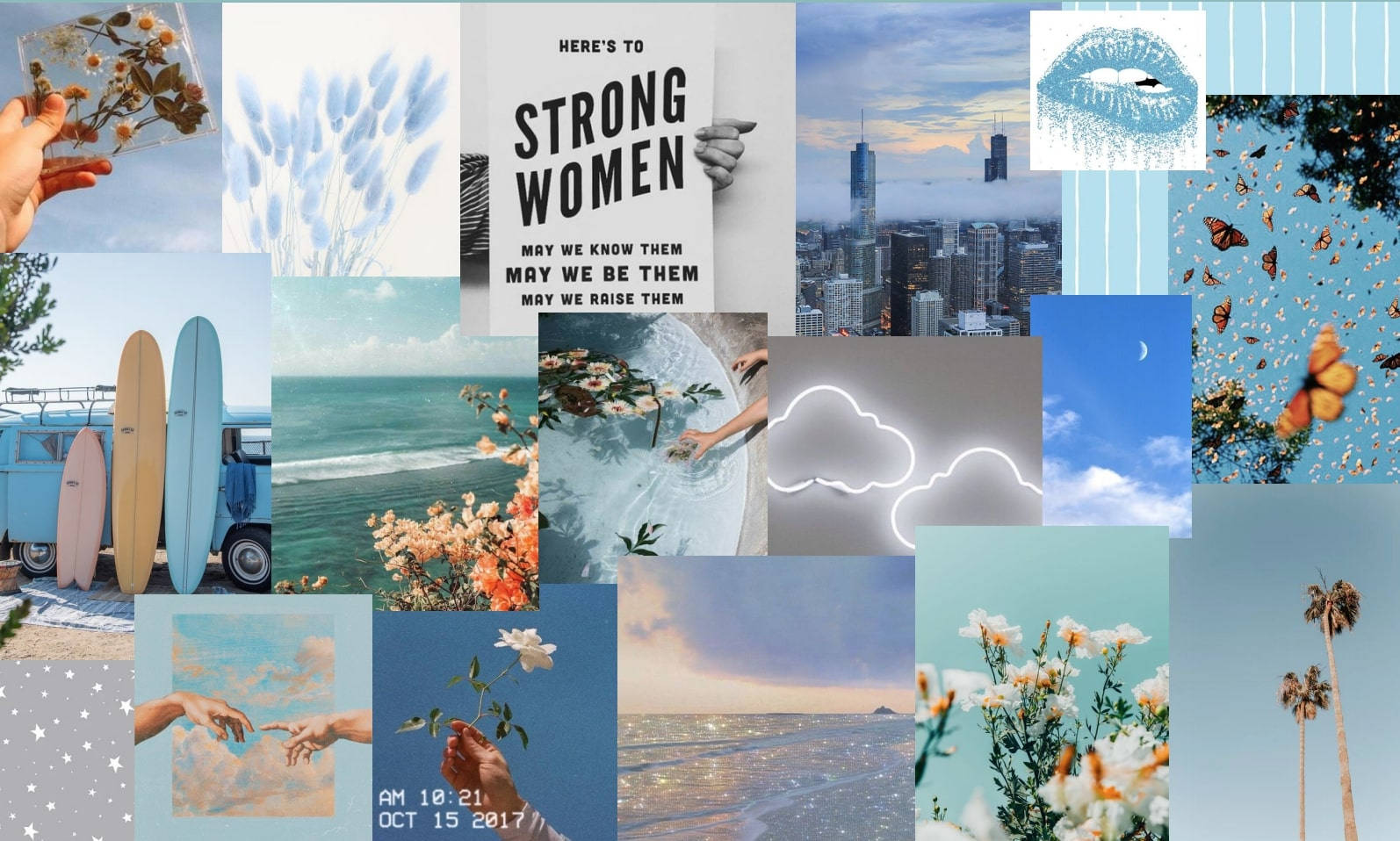 Pinterest 美學 桌布 壁紙 — 一個充滿活力的拼貼畫，包含各種場景，包括衝浪板、城市景觀、花朵、蝴蝶以及在柔和天空下的勵志名言。