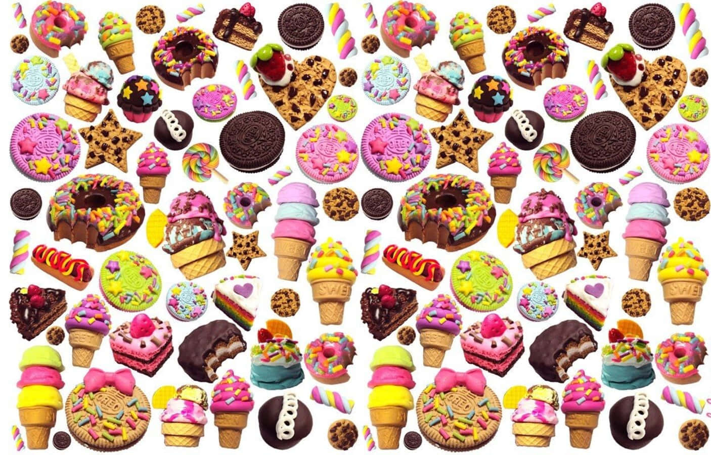 Kawaii Dessert 桌布 壁紙 — 一個充滿活力的拼貼畫，包含各種色彩繽紛的甜點，包括甜甜圈、冰淇淋甜筒、餅乾和糖果，密集地排列在白色背景上。
