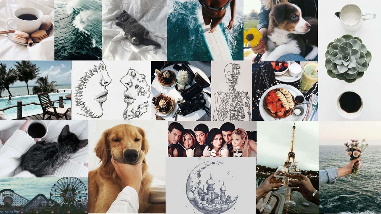 Macbook Collage 桌布 壁紙 — 一個充滿活力的拼貼畫，包含咖啡馬卡龍、海浪、衝浪者、小狗、多肉植物和標誌性地標等各種場景。