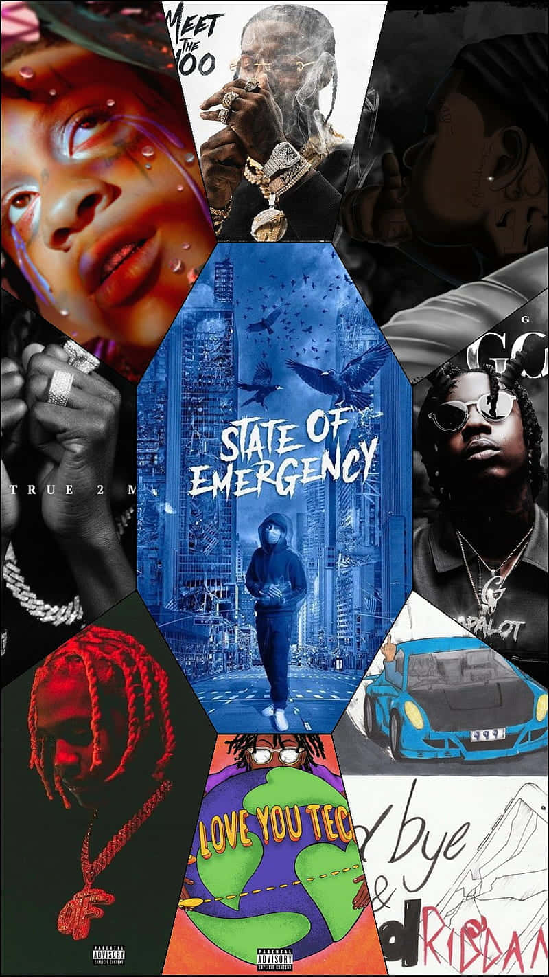 Rapper Collage 桌布 壁紙 — 一個充滿活力的拼貼畫，包含嘻哈藝術家和城市意象，配以粗體文字和鮮豔色彩。