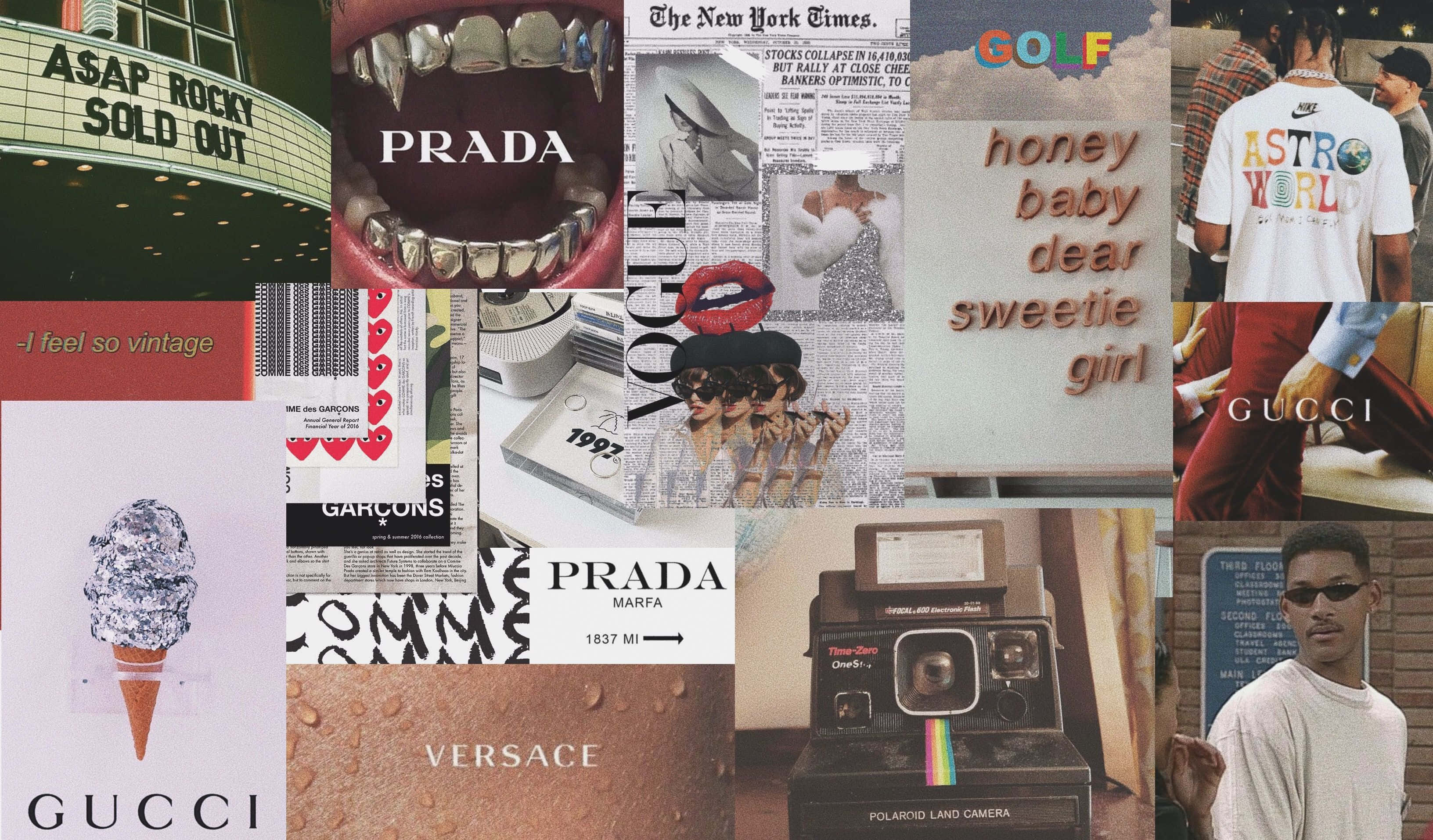 Girl Aesthetic Desktop 桌布 壁紙 — 一個充滿活力的拼貼畫，包含奢華時尚、音樂和流行文化偶像，包括 Prada、Gucci、ASAP Rocky 和復古寶麗來相機。