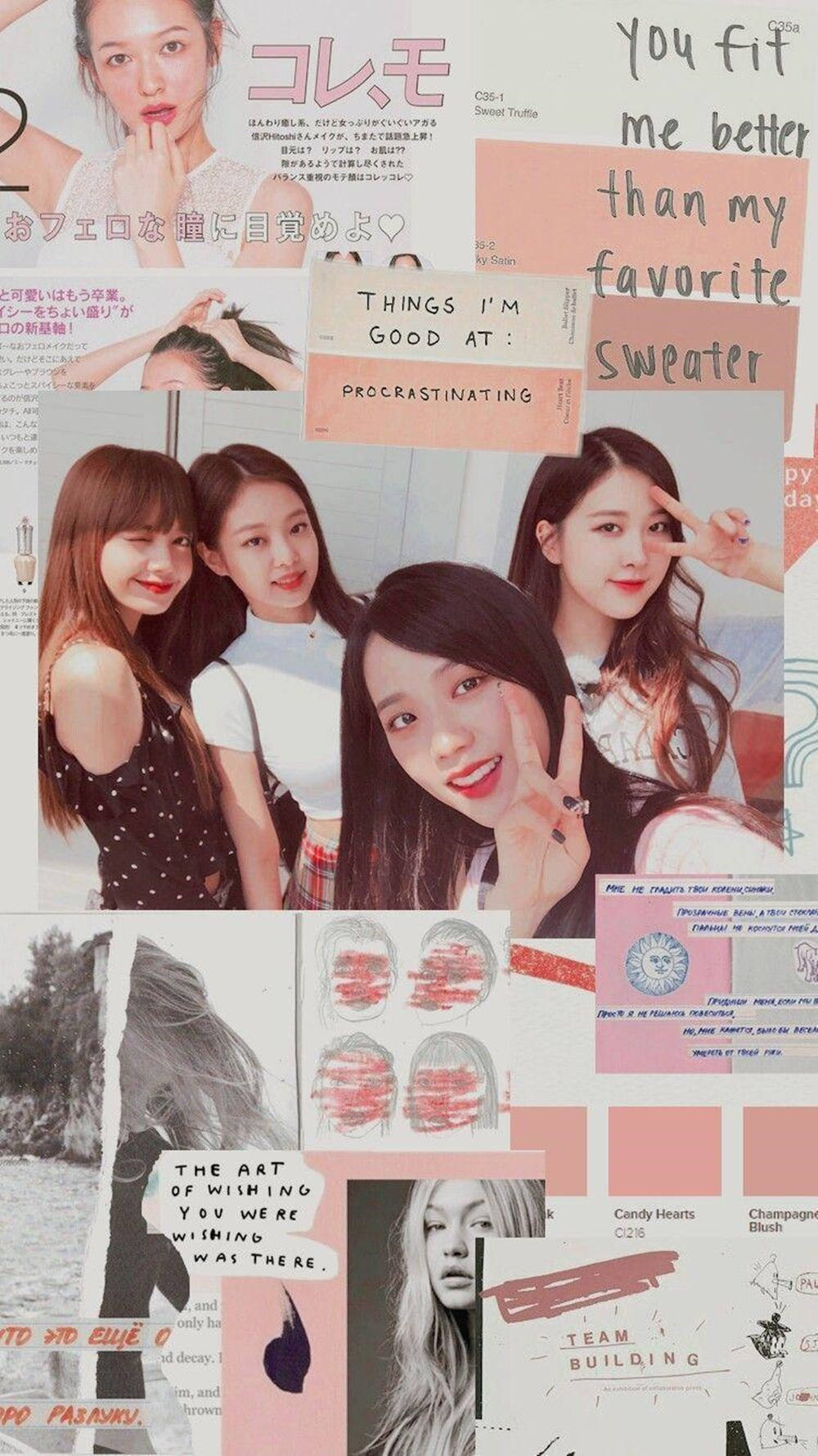 BLACKPINK 桌布 壁紙 — 一個充滿活力的拼貼畫，包含年輕自拍、手寫語錄和粉彩色樣，以時尚剪貼簿風格排列。