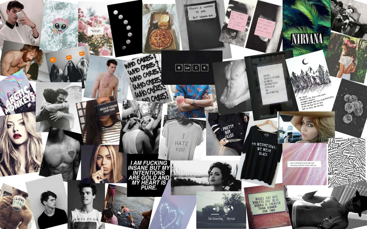 Macbook Collage 桌布 壁紙 — 一個充滿活力的拼貼畫，包含流行文化偶像、音樂樂團、時尚語錄和名人照片，以混亂的網格佈局呈現。