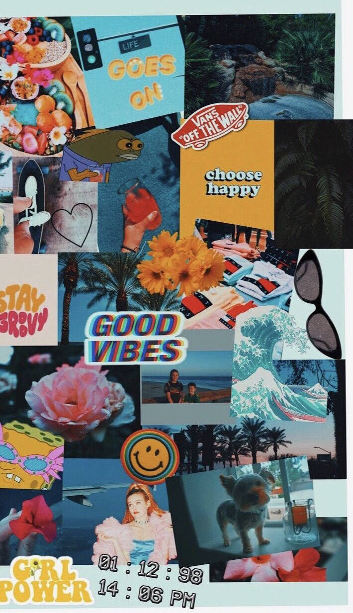 Summer Collage 桌布 壁紙 — 一個充滿活力的拼貼畫，包含流行文化圖標、花朵和勵志名言，以混亂但色彩繽紛的方式排列成桌布。