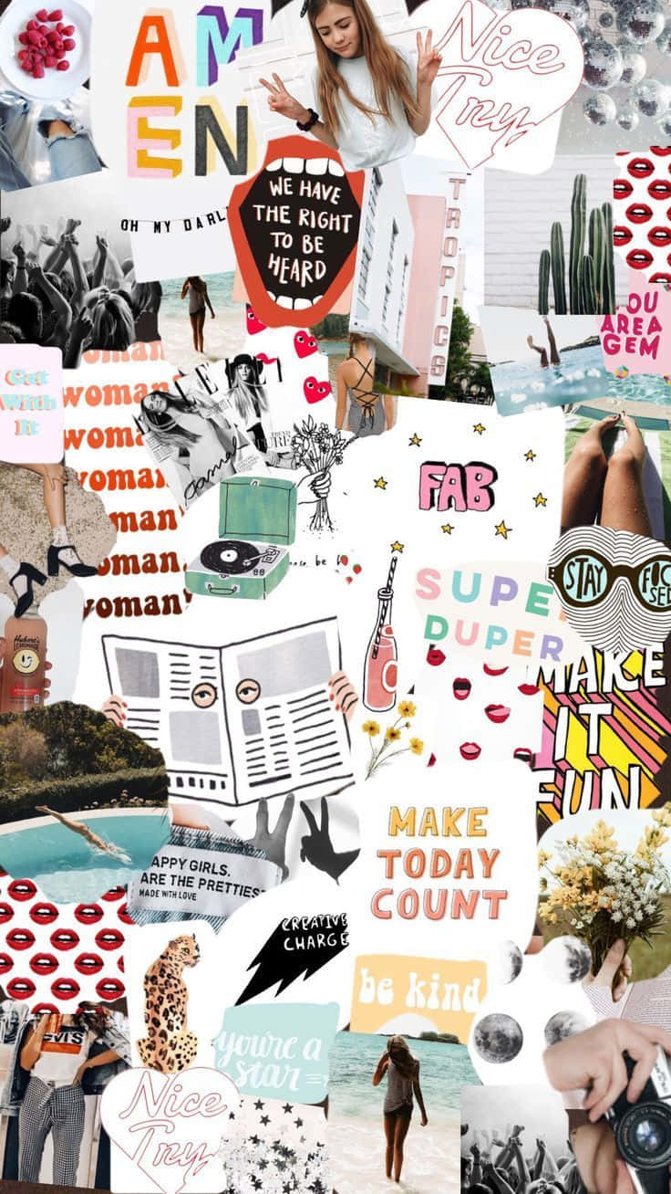 Winter Aesthetic Collage 桌布 壁紙 — 一個充滿活力的拼貼畫，包含流行文化語錄、時尚剪輯和勵志短語，以混亂但時尚的青少年美學排列。