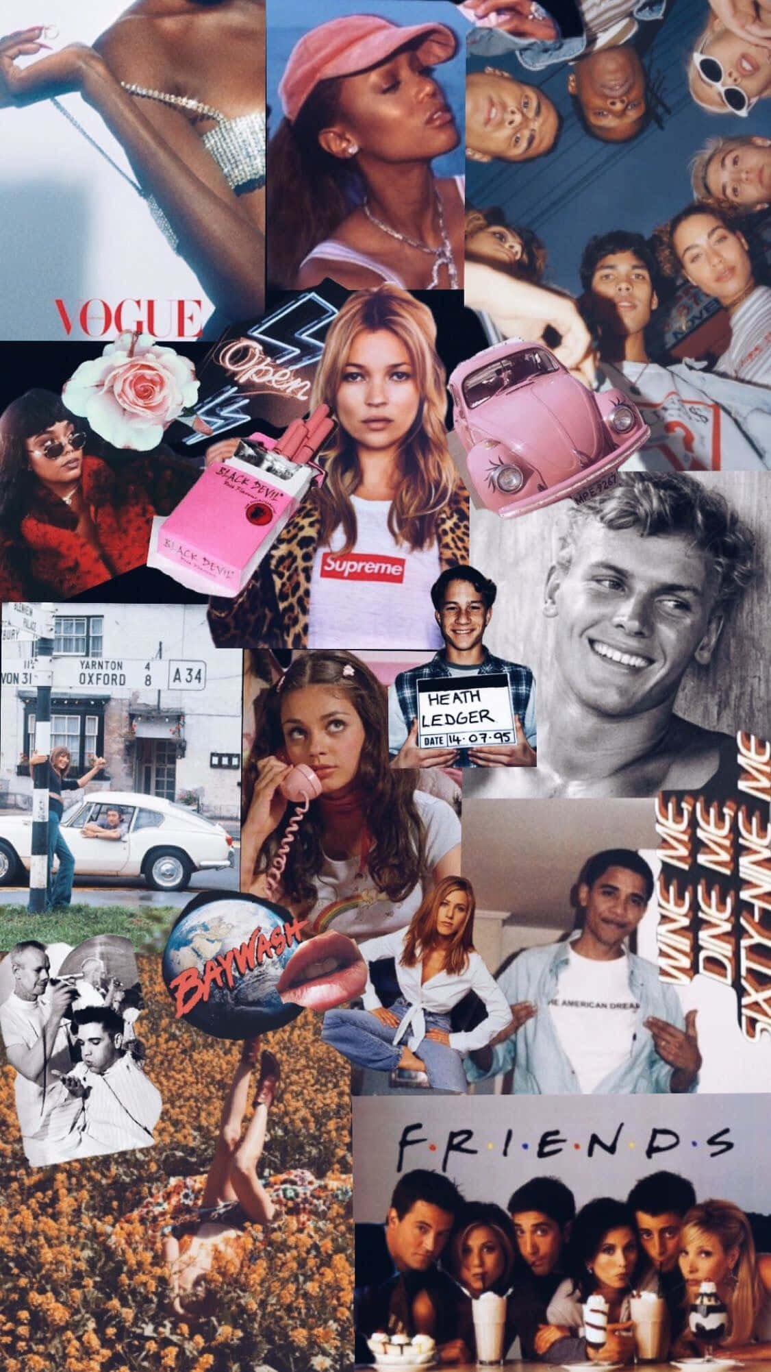 90s Aesthetic 桌布 壁紙 — 一個充滿活力的拼貼畫，包含流行文化偶像、時尚時刻和名人照片，以混亂但時尚的網格排列。