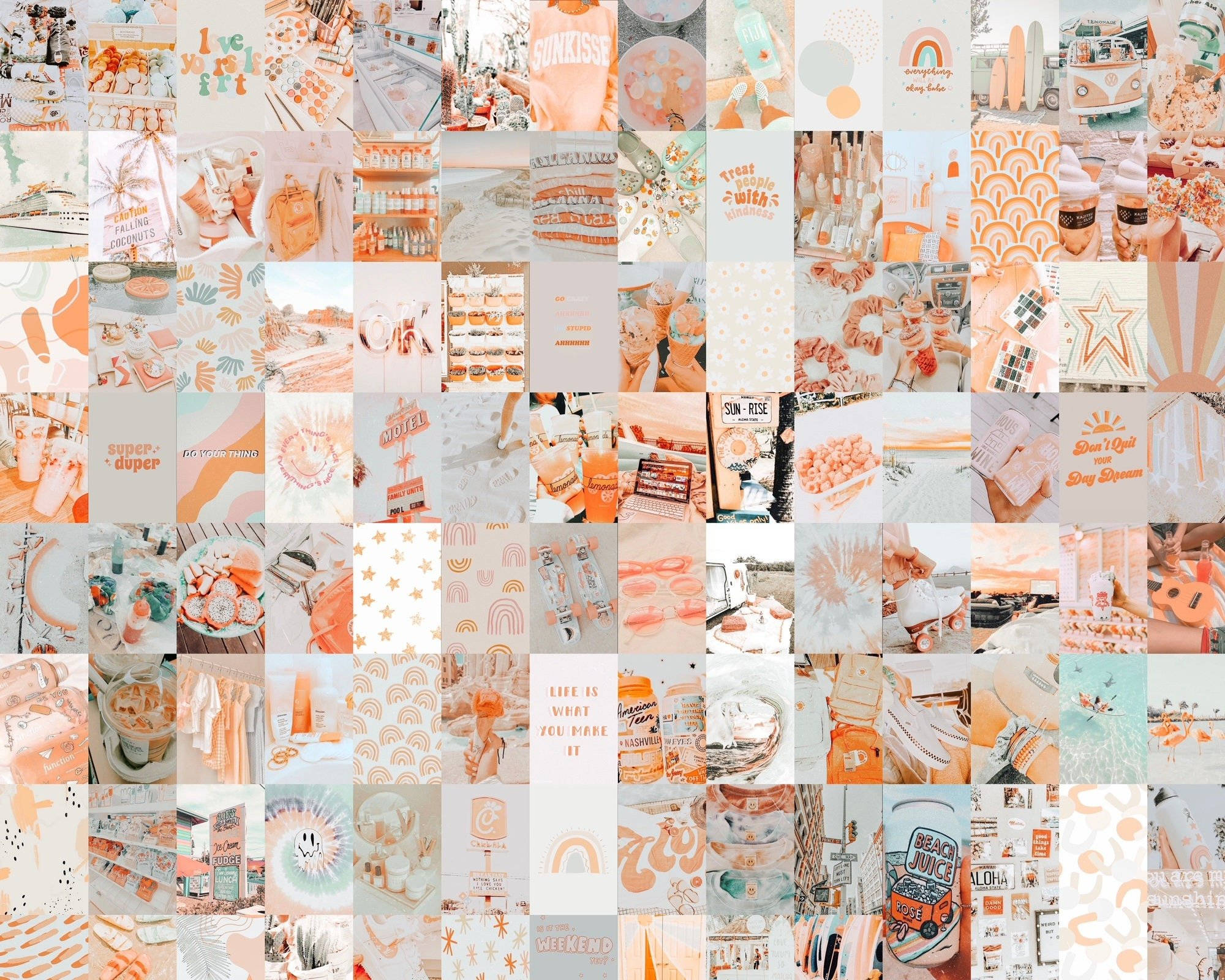 Peach Aesthetic 桌布 壁紙 — 一個充滿活力的拼貼畫，包含粉彩蜜桃和珊瑚主題的物品，包括飲料、零食、裝飾和勵志名言，以網格排列。