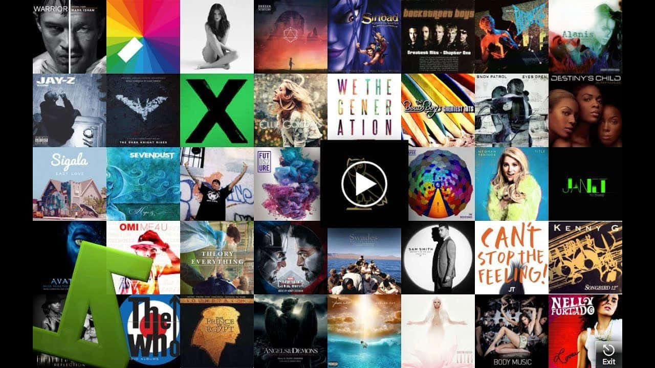 Macbook Collage 桌布 壁紙 — 一個充滿活力的拼貼畫，包含色彩繽紛的專輯封面， featuring 藝術家如 Jay Z、Destiny's Child 和 The Who，搭配大膽的字體和多樣的圖像。