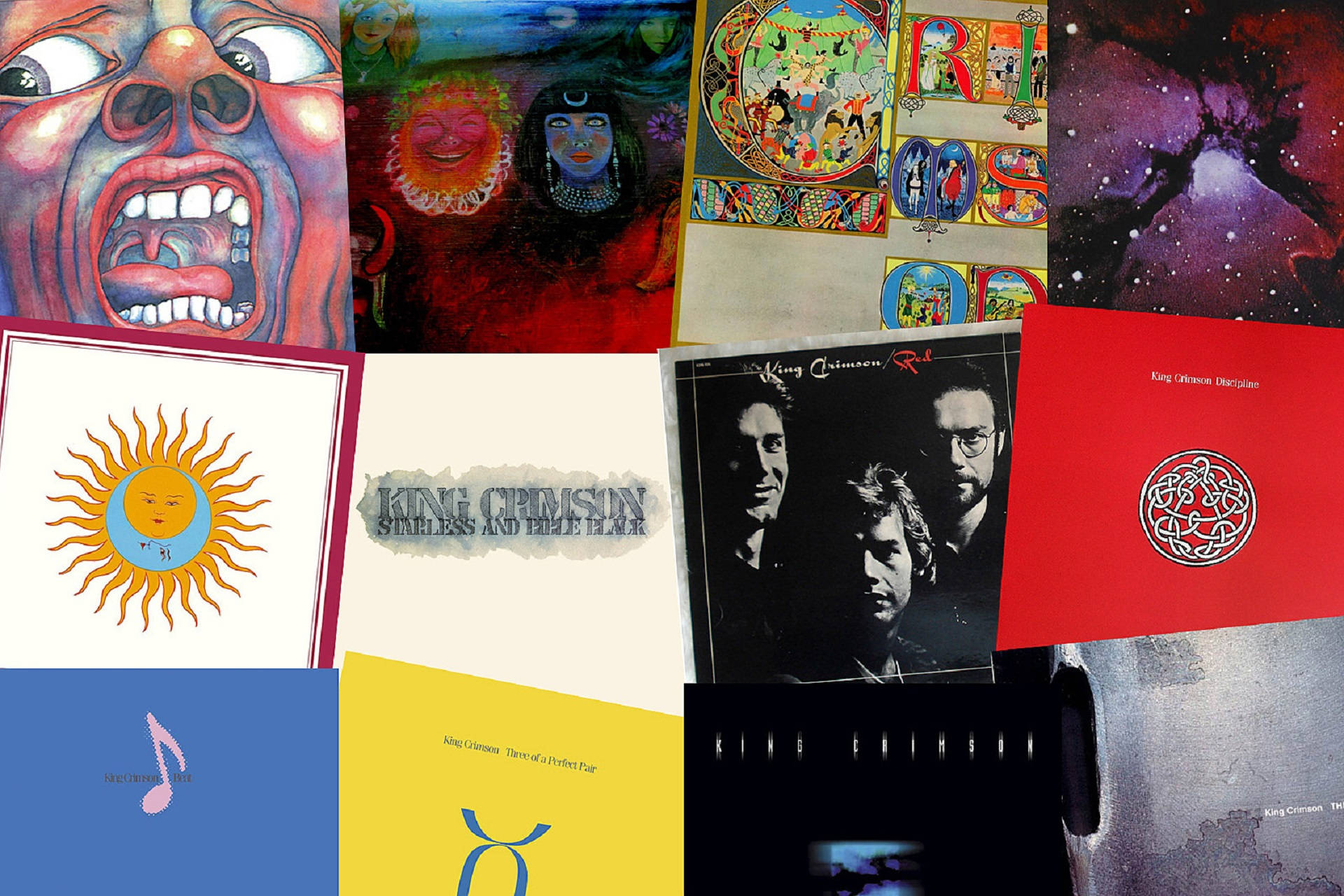 King Crimson 桌布 壁紙 — 一個充滿活力的拼貼畫，包含迷幻和經典搖滾專輯封面，具有超現實藝術、大膽色彩和標誌性樂隊圖像。