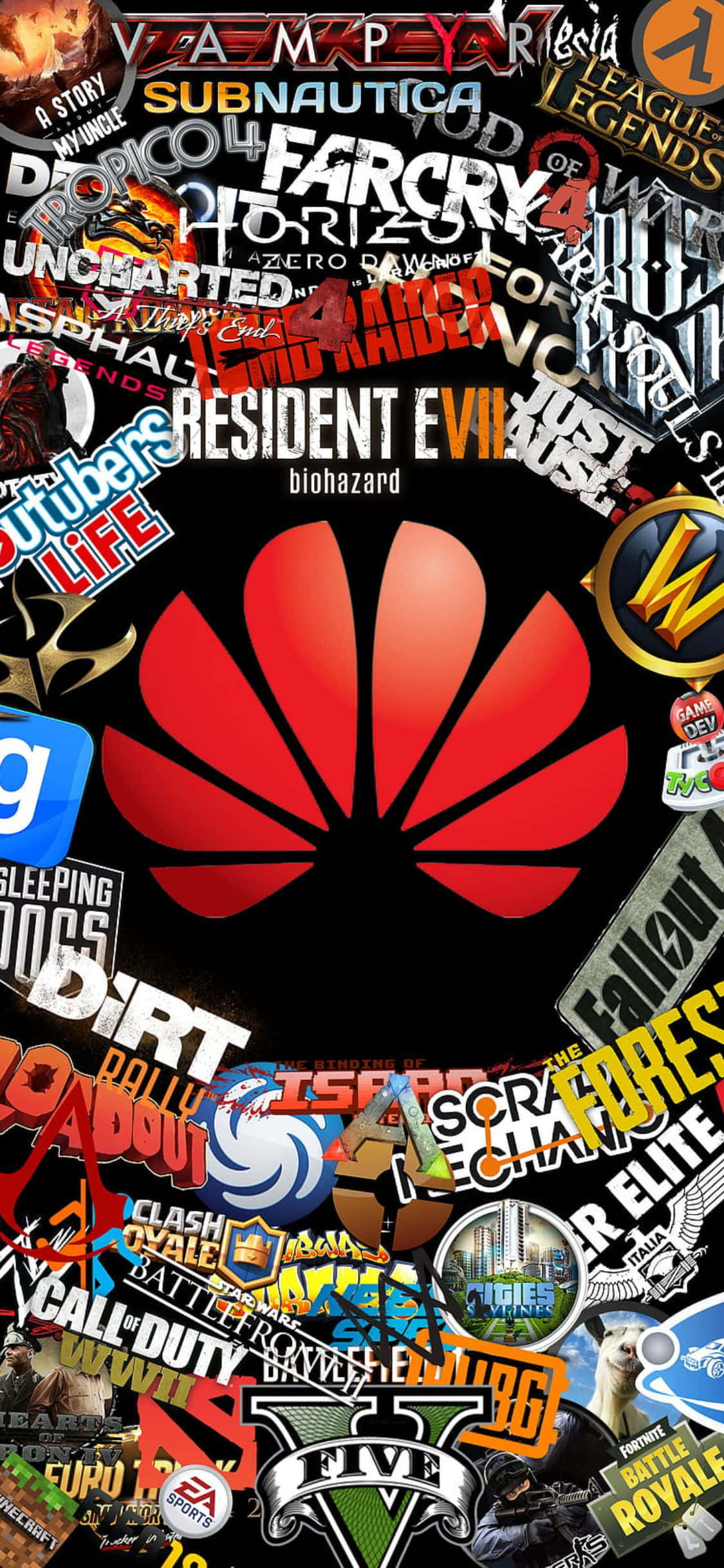 iPhone Xs Gaming 桌布 壁紙 — 一個充滿活力的拼貼畫，包含電子遊戲和媒體標誌，圍繞著中央的紅色華為標誌，背景為黑色。