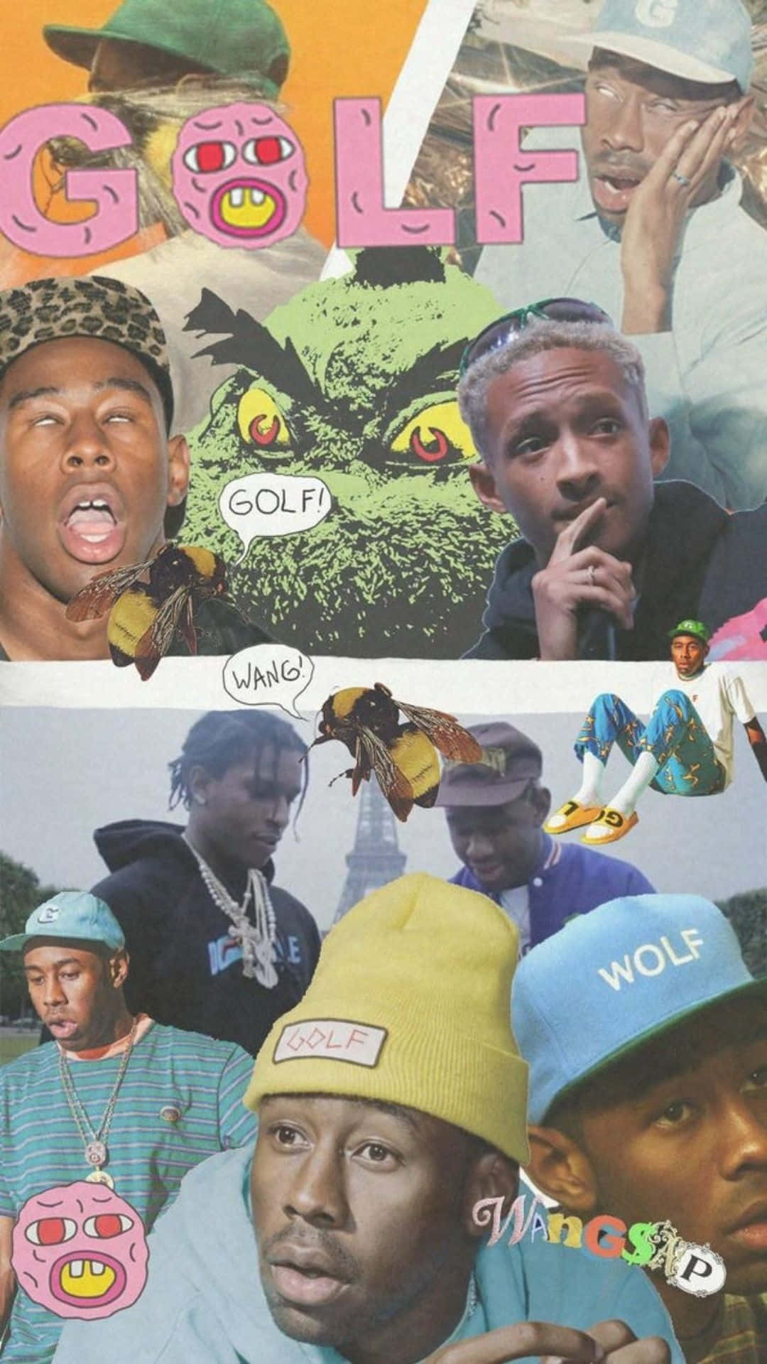 造物主泰勒 桌布 壁紙 — 一個充滿活力的拼貼畫，包含饒舌歌手 Ty Dolla $ign 和卡通角色如聖誕怪傑 Grinch 和蜜蜂，並帶有 'GOLF' 和 'WANG' 文字疊加。
