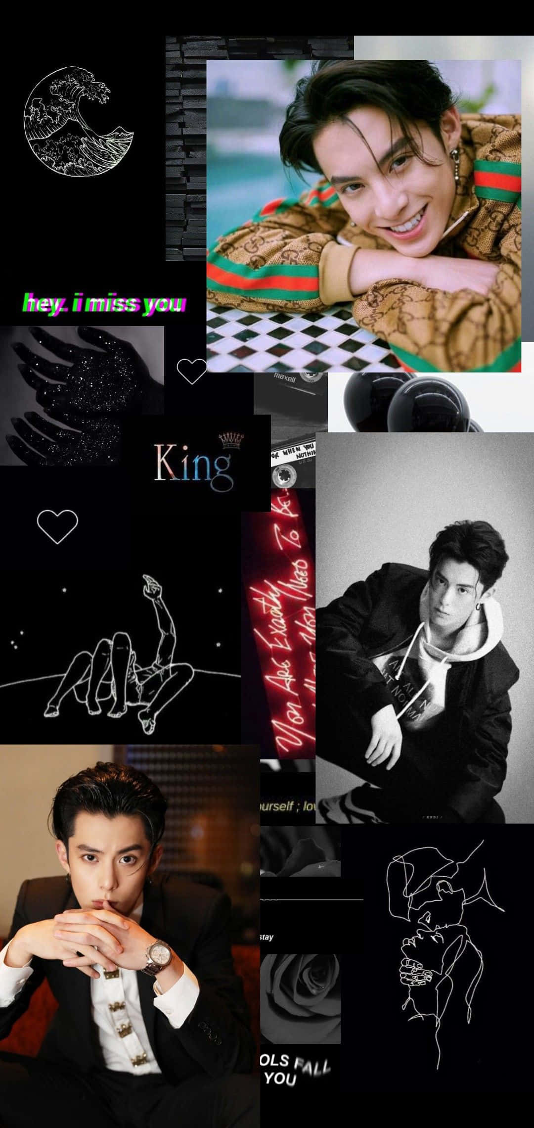 Dylan Wang 桌布 壁紙 — 一個充滿活力的拼貼畫，包括一個微笑的穿著圖案外套的男人、黑白肖像和帶有浪漫文字疊加的藝術線條畫。