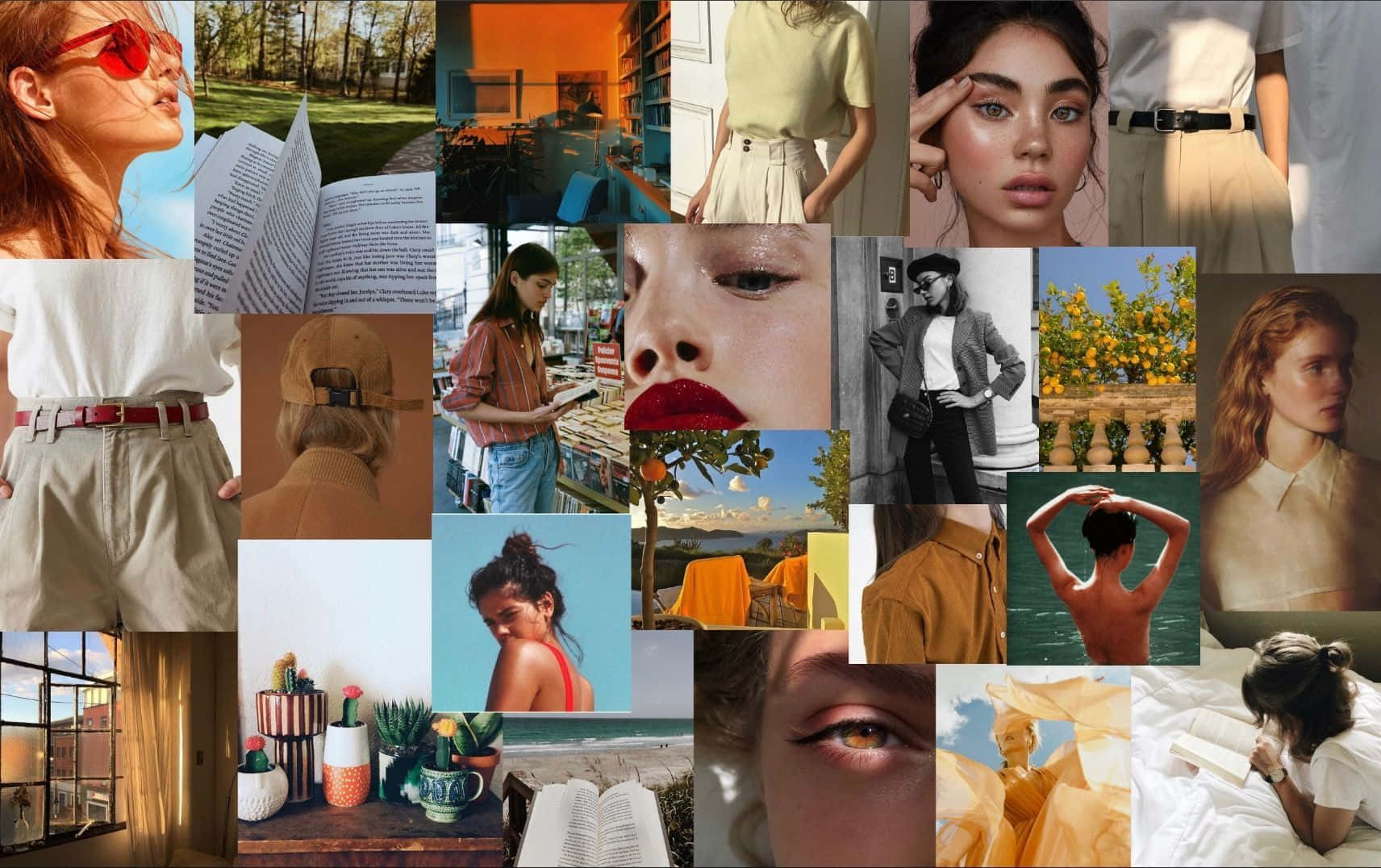 Macbook Collage 桌布 壁紙 — 一個充滿活力的拼貼畫，展現多樣化的生活方式時刻，包括人們在陽光下閱讀、放鬆和享受大自然。