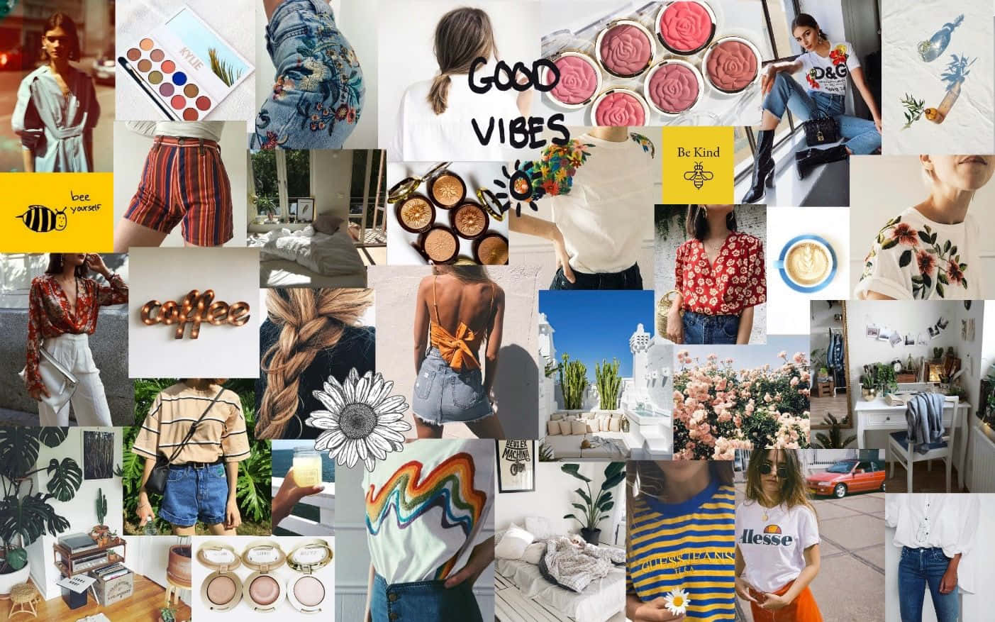 Macbook Collage 桌布 壁紙 — 一個充滿活力的拼貼畫，展現時尚、美容和生活風格的時刻，包括色彩繽紛的服裝、化妝品、植物和歡樂的口號。