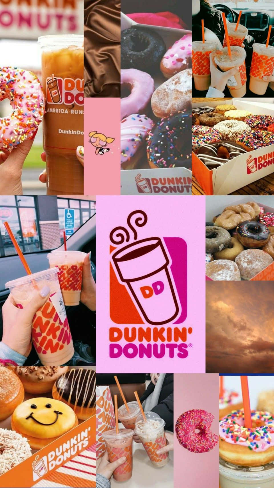 Dunkin Donuts 桌布 壁紙 — 一個充滿活力的拼貼畫，展示Dunkin' Donuts的美食，包括色彩繽紛的甜甜圈、飲品和標誌，背景為粉紅色。