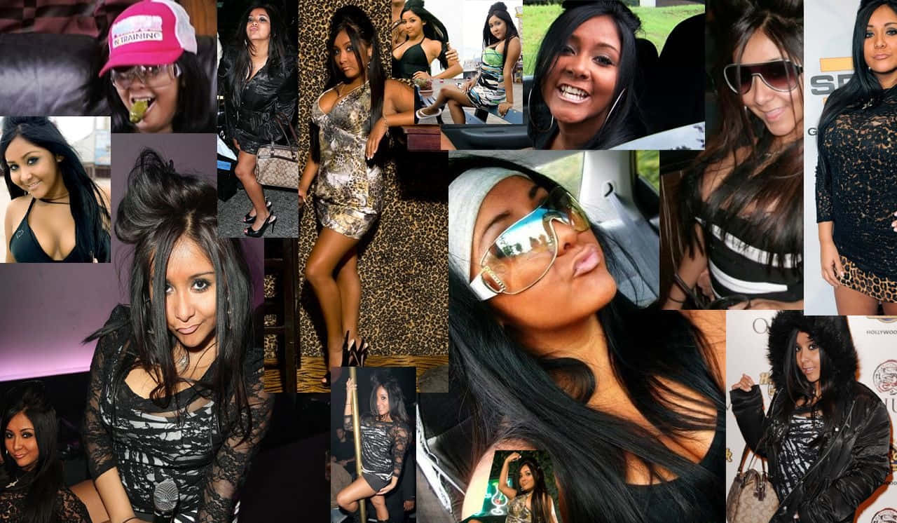 jersey shore 桌布 壁紙 — 一個充滿活力的拼貼畫，展示一位女性以各種姿勢和服裝，包括豹紋和亮片，戴著太陽眼鏡和帽子，在城市和派對場景中。