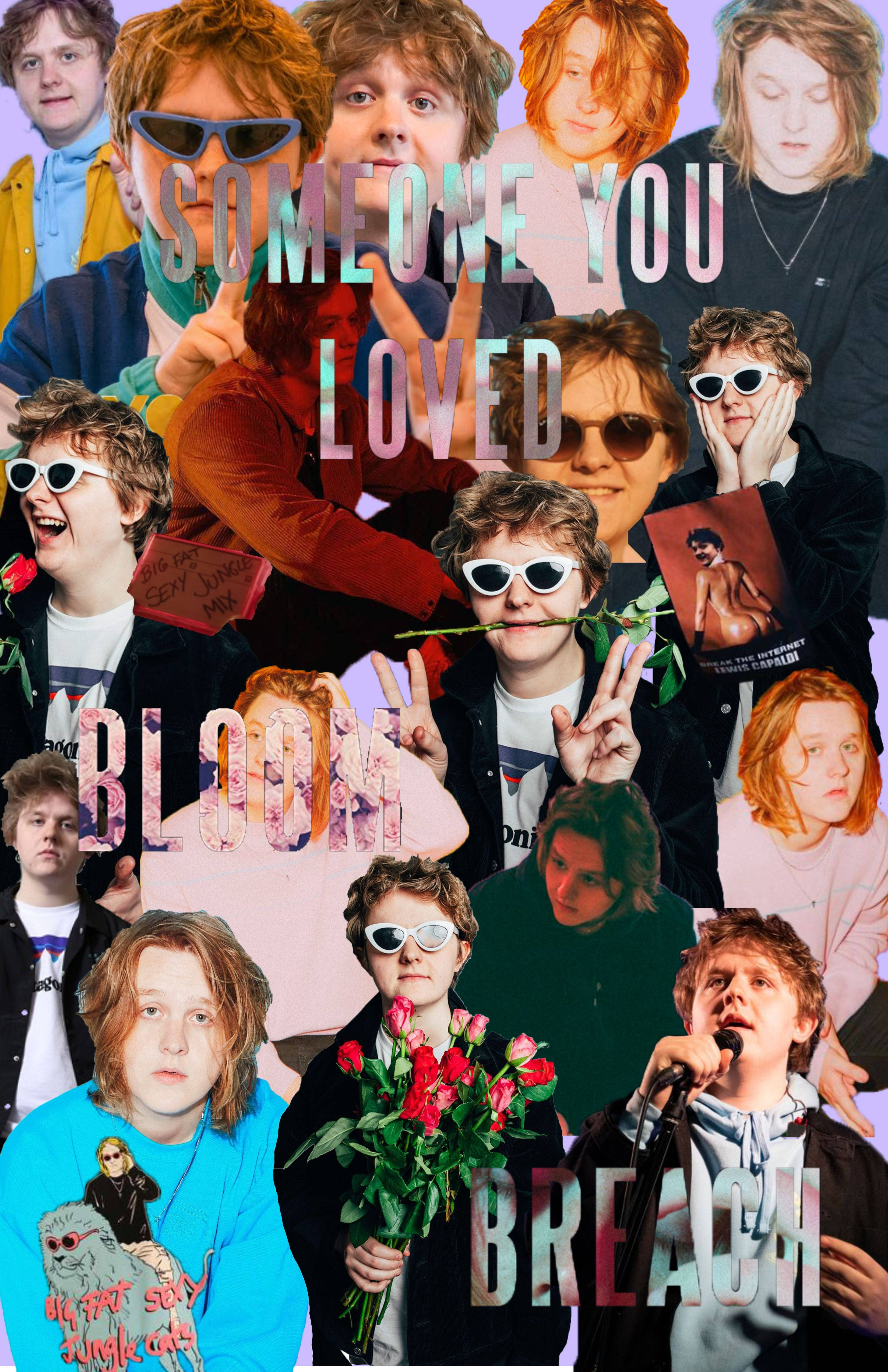 Lewis Capaldi 桌布 壁紙 — 一個充滿活力的拼貼畫，展示一位年輕男子以不同姿勢和服裝出現，並帶有粗體文字疊加和玫瑰。