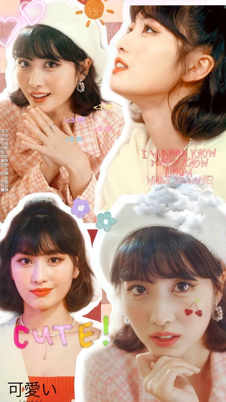 Momo 桌布 壁紙 — 一個充滿活力的拼貼畫，展示一位年輕女性以可愛姿勢穿著柔和色調服裝，並帶有俏皮文字疊加。