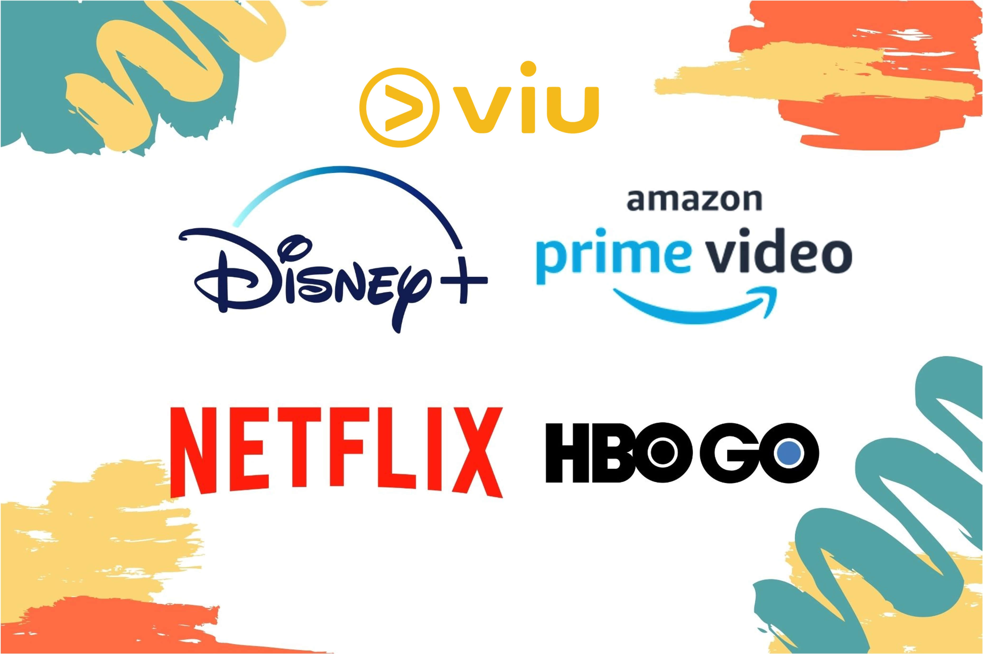 HBO 桌布 壁紙 — 一個充滿活力的拼貼畫，展示串流服務標誌，周圍環繞著白色背景上的彩色抽象筆觸。