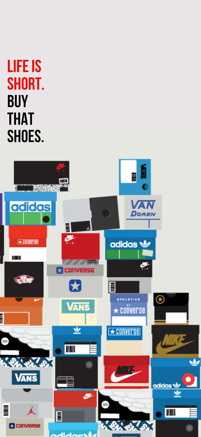 Shoe Box 桌布 壁紙 — 一個充滿活力的拼貼畫，展示了Nike、Adidas和Converse等品牌的彩色運動鞋盒，以動態圖案堆疊在淺灰色背景上，並帶有粗體紅色文字。
