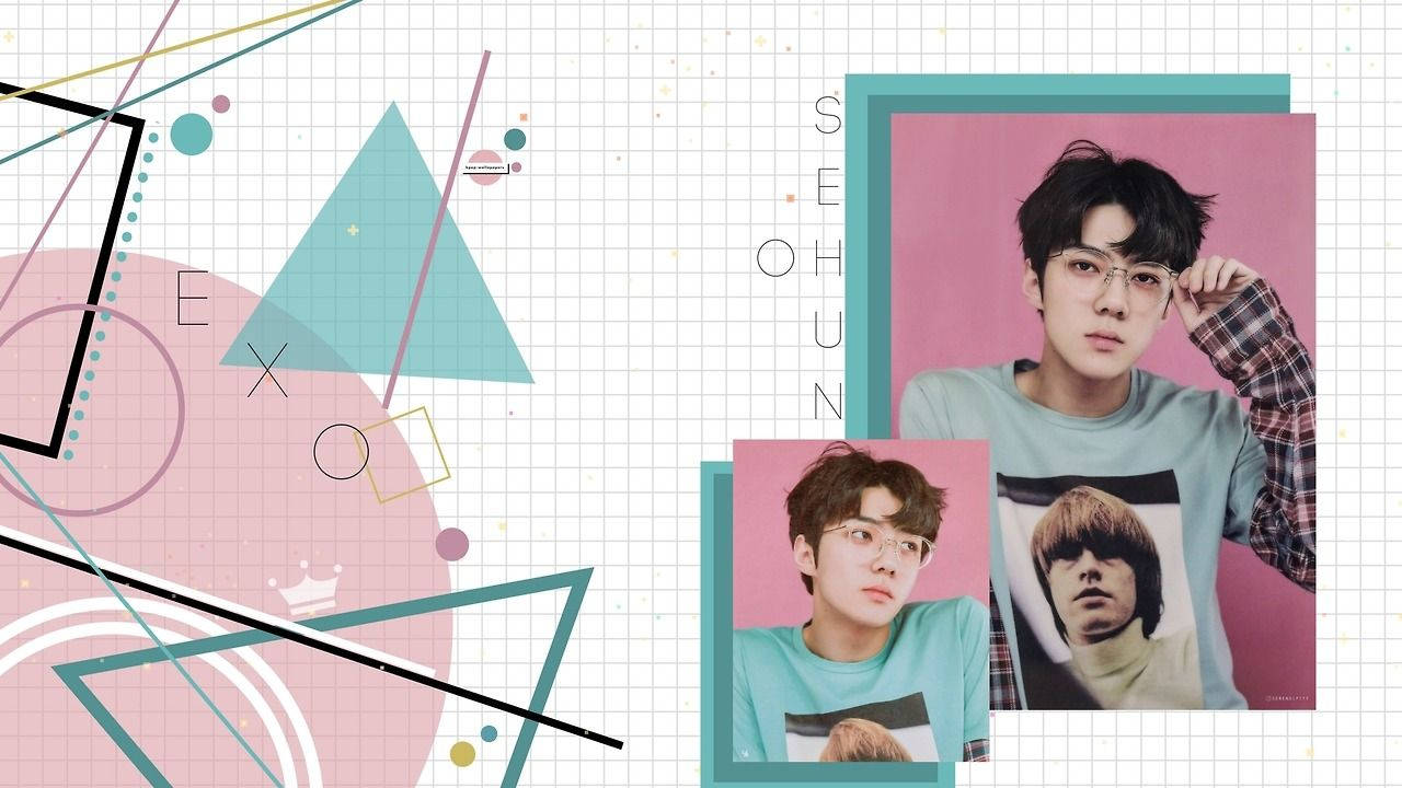 Exo Desktop 桌布 壁紙 — 一個充滿活力的拼貼畫，展示了一位戴眼鏡的年輕男子的照片，背景是帶有幾何形狀和柔和色彩的網格。