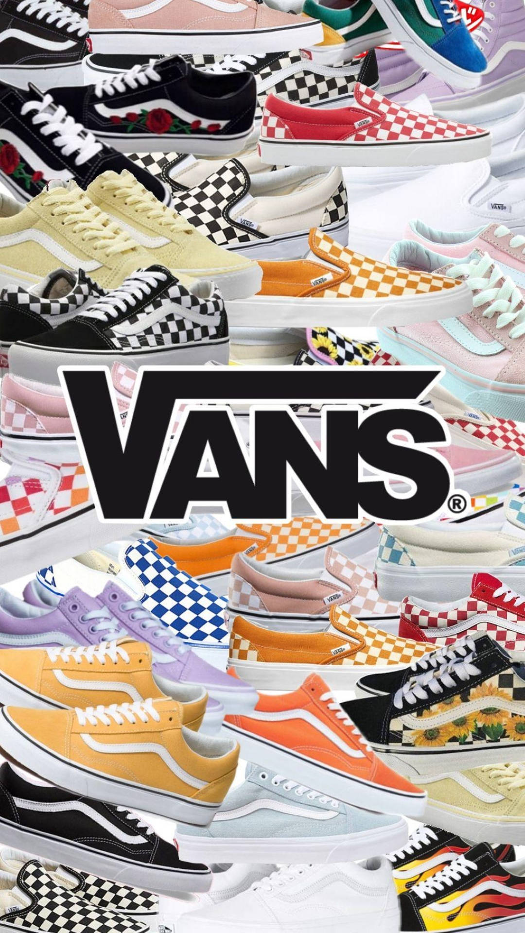 Vans Logo 桌布 壁紙 — 一個充滿活力的拼貼畫，展示了各種圖案和風格的彩色Vans運動鞋，圍繞著大膽的Vans標誌排列。