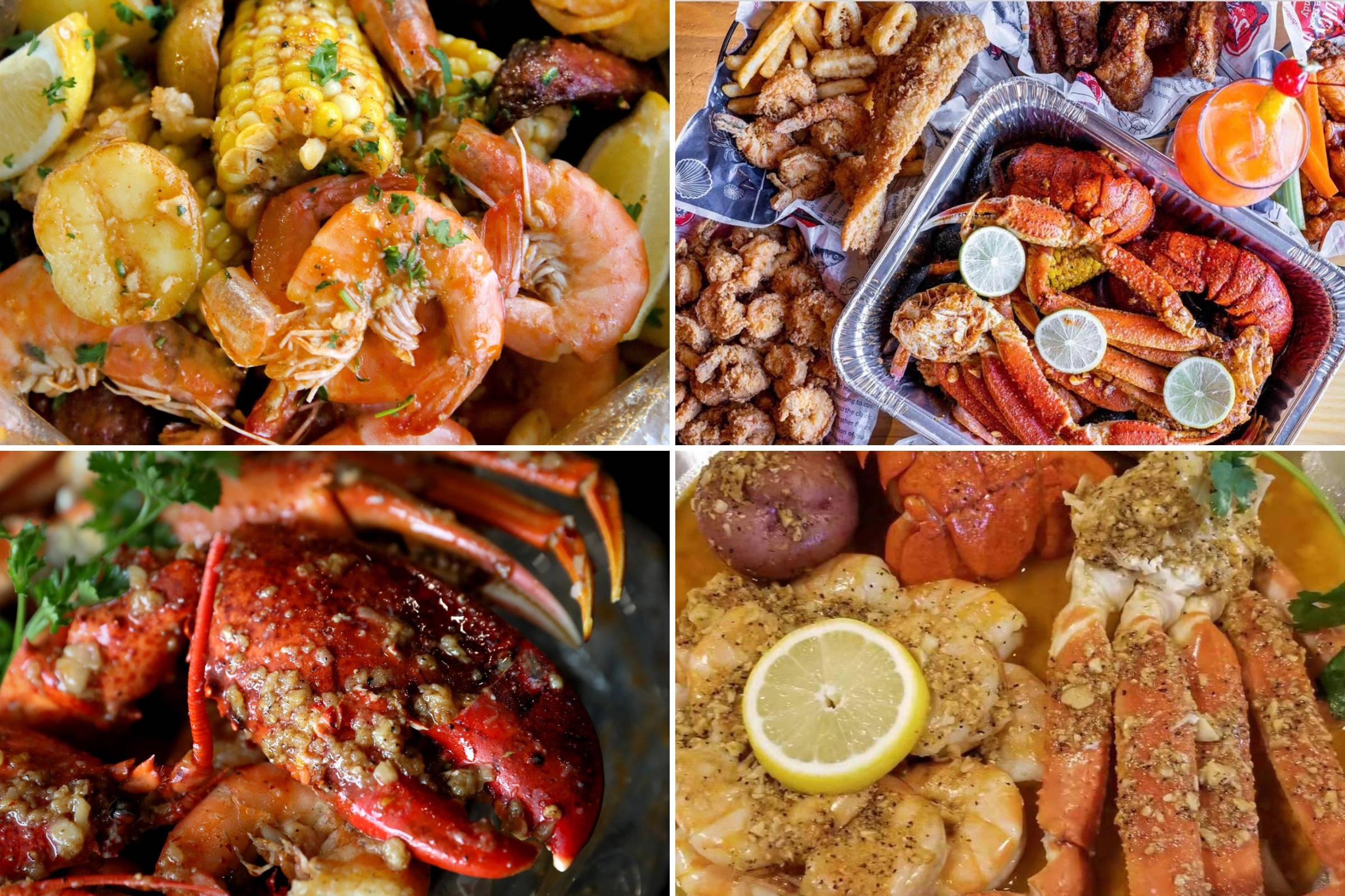 Seafood 桌布 壁紙 — 一個充滿活力的拼貼畫，展示了四種海鮮盛宴，包括蝦、龍蝦、蟹和玉米，並以檸檬和香草裝飾。