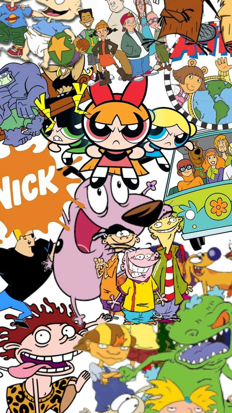 Cartoon 桌布 壁紙 — 一個充滿活力的拼貼畫，展示了經典的Nickelodeon卡通角色，如飛天小女警和海綿寶寶，呈現出混亂而歡樂的景象。