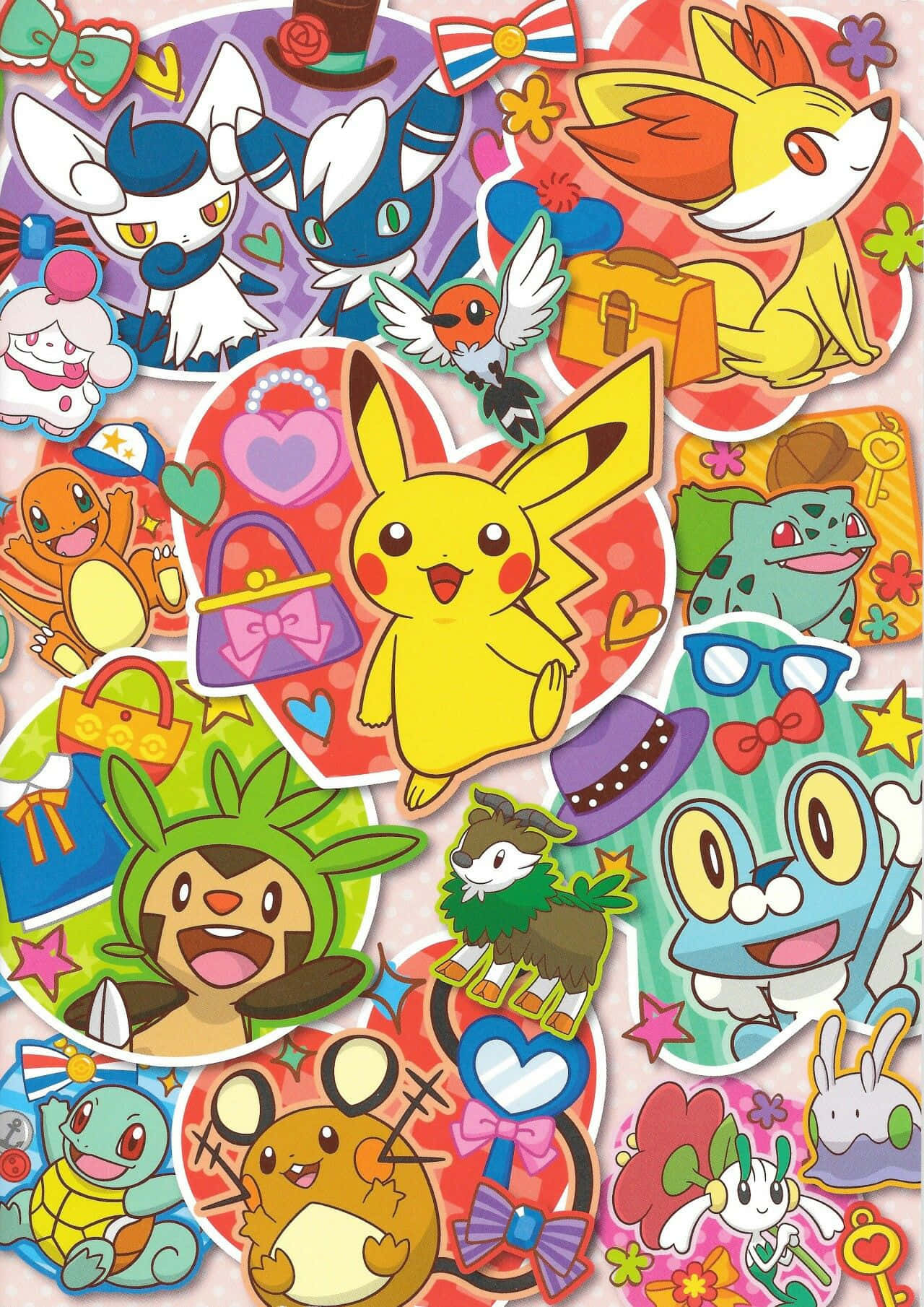 Pokemon Posters 桌布 壁紙 — 一個充滿活力的拼貼畫，展示可愛的神奇寶貝角色，化身為色彩繽紛的貼紙，配有愛心、蝴蝶結和飾品。