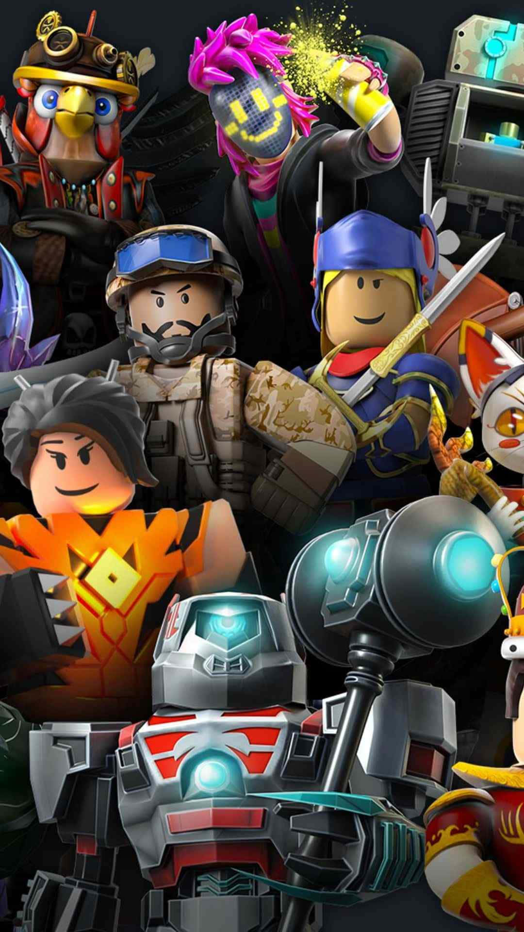 game 桌布 壁紙 — 一個充滿活力的拼貼畫，展示各種 Roblox 角色在動態姿勢中，配備發光武器和色彩繽紛的服裝，背景為深色。