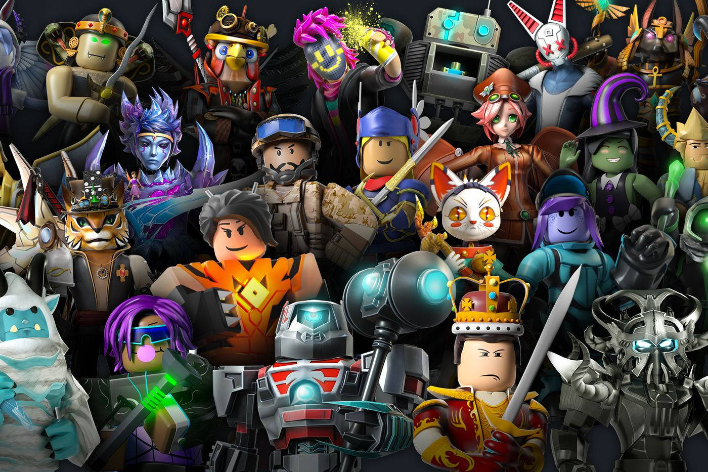 Roblox 桌布 壁紙 — 一個充滿活力的拼貼畫，展示各種 Roblox 虛擬角色穿著奇幻和科幻服裝，手持武器和發光物品。