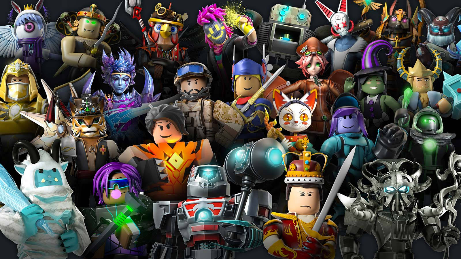 電玩遊戲 桌布 壁紙 — 一個充滿活力的拼貼畫，展示各種Roblox頭像在動態姿勢中，配以發光武器和色彩繽紛的服裝，背景為深色。