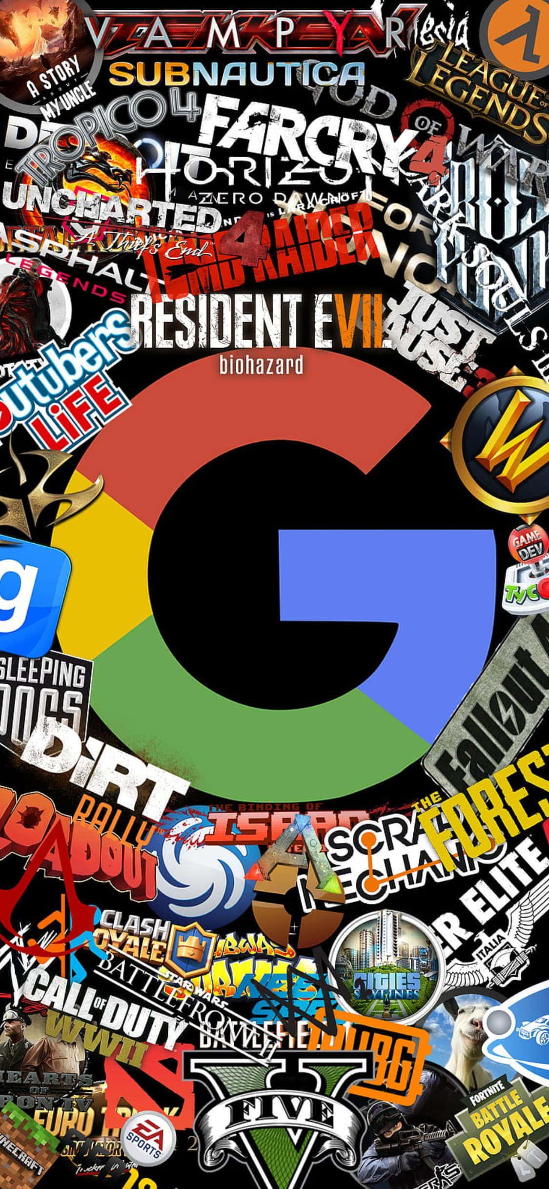 iPhone Xs Gaming 桌布 壁紙 — 一個充滿活力的拼貼畫，展示圍繞中央Google標誌爆發的電子遊戲標誌和標題。