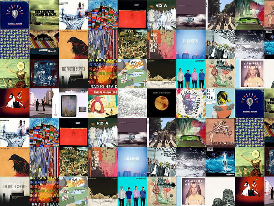 Mouse 桌布 壁紙 — 一個充滿活力的拼貼畫，展示多種專輯封面，包括 Radiohead 和 Vampire Weekend 等藝術家，風格多樣，色彩豐富。