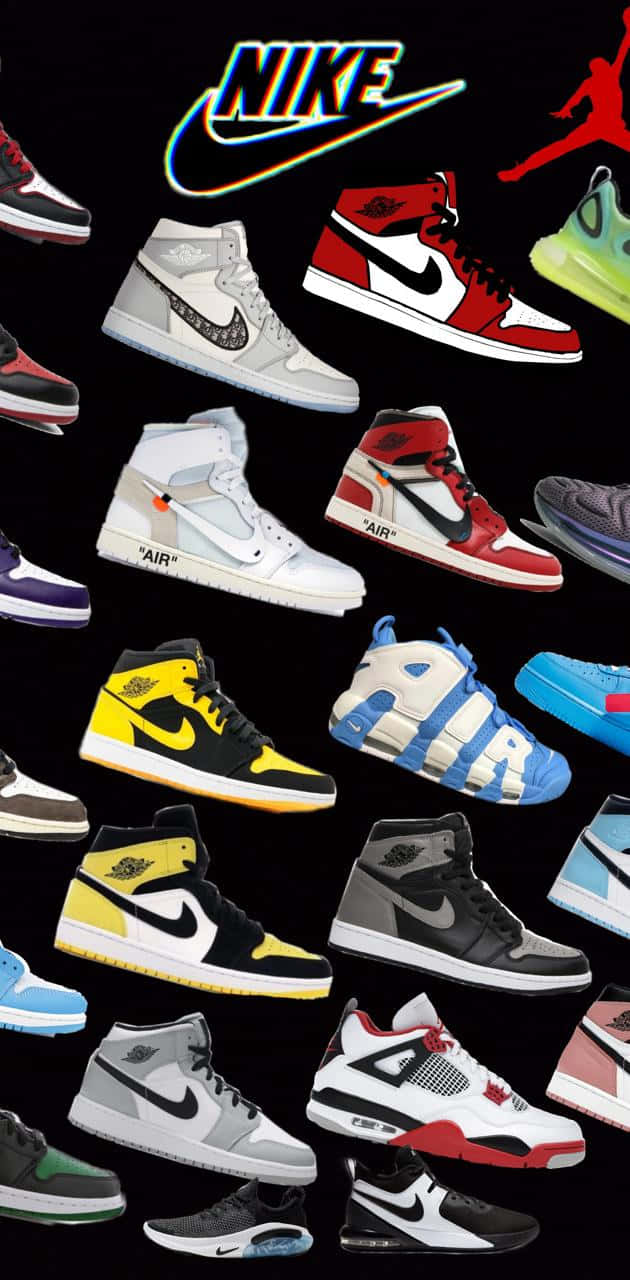 Sneaker 桌布 壁紙 — 一個充滿活力的拼貼畫，展示標誌性的Nike和Jordan運動鞋漂浮在黑色背景上，帶有發光的標誌。