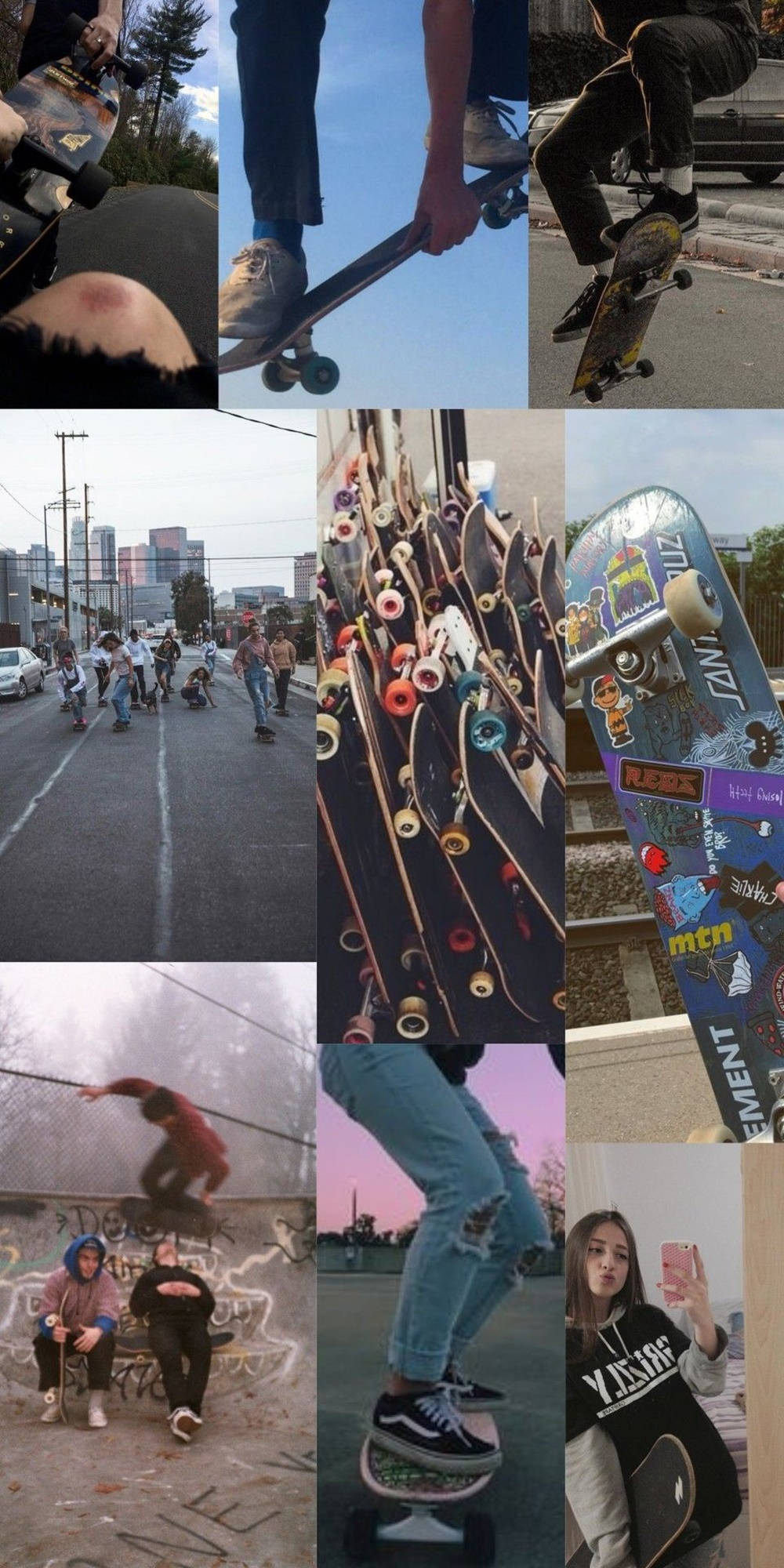 skate 桌布 壁紙 — 一個充滿活力的拼貼畫，展示滑板運動員在都市背景下進行動作和定制滑板板的特寫。