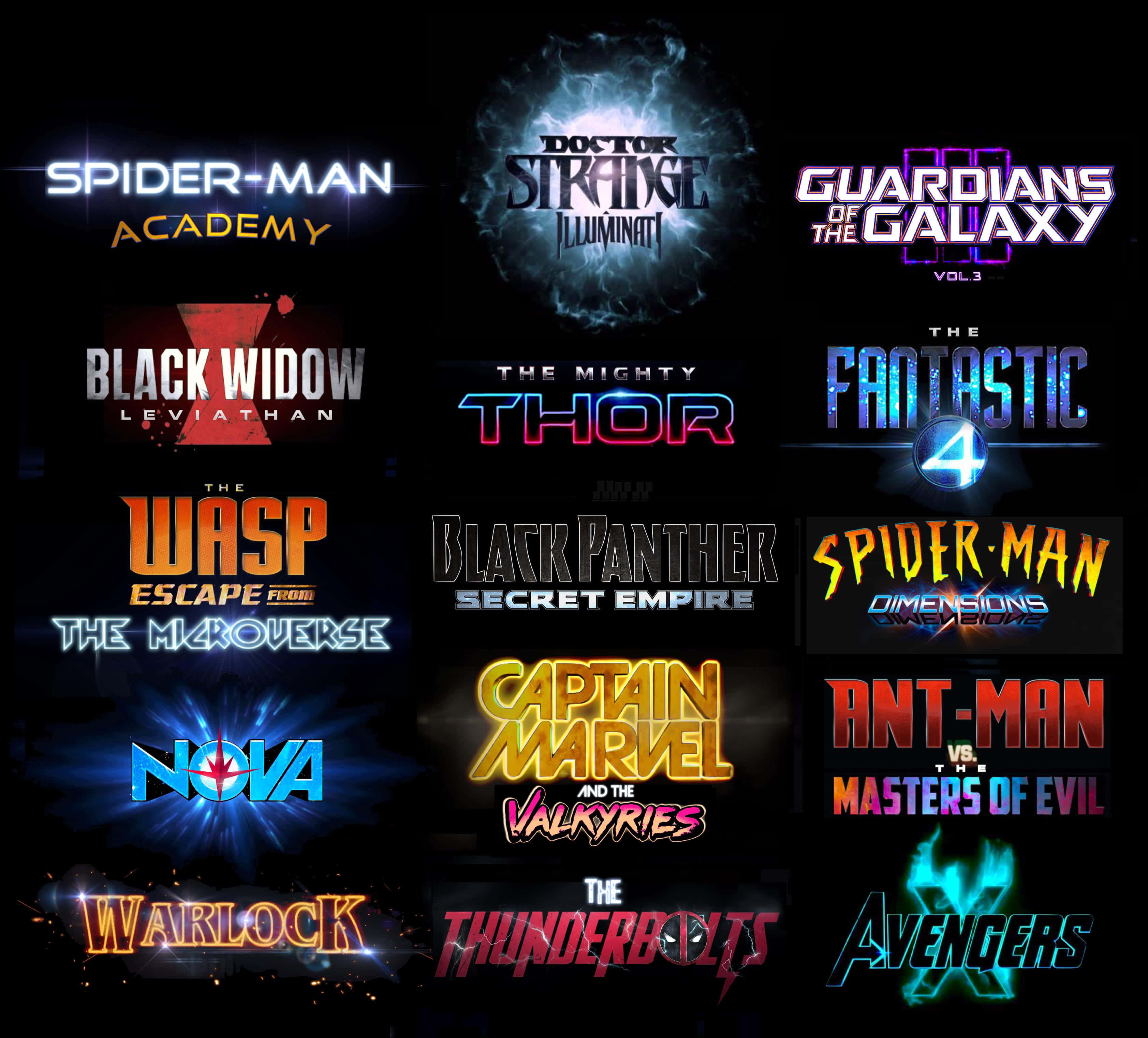 Mcu Phase Four 桌布 壁紙 — 一個充滿活力的拼貼畫，展示漫威電影標誌在黑色背景上發光，帶有電能效果。