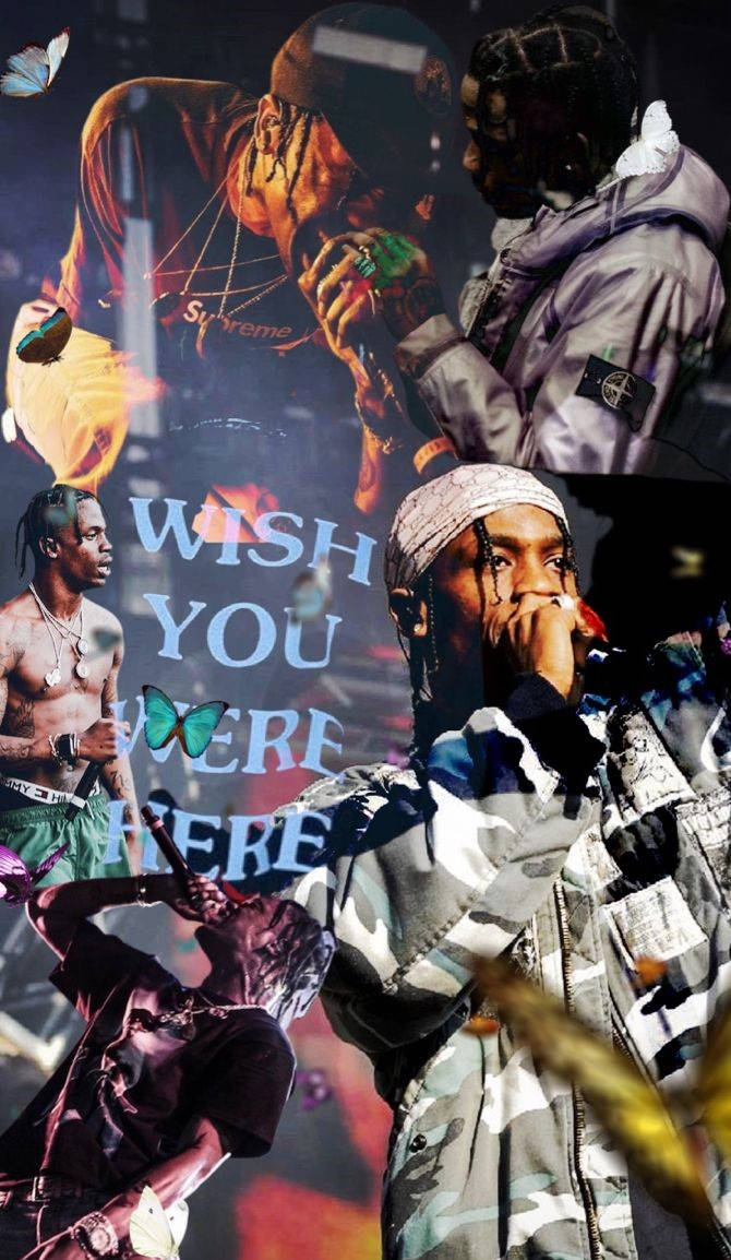 Travis Scott Concert 桌布 壁紙 — 一個充滿活力的拼貼畫，展示說唱歌手Travis Scott的多種姿勢，配有蝴蝶和文字wish you were here。