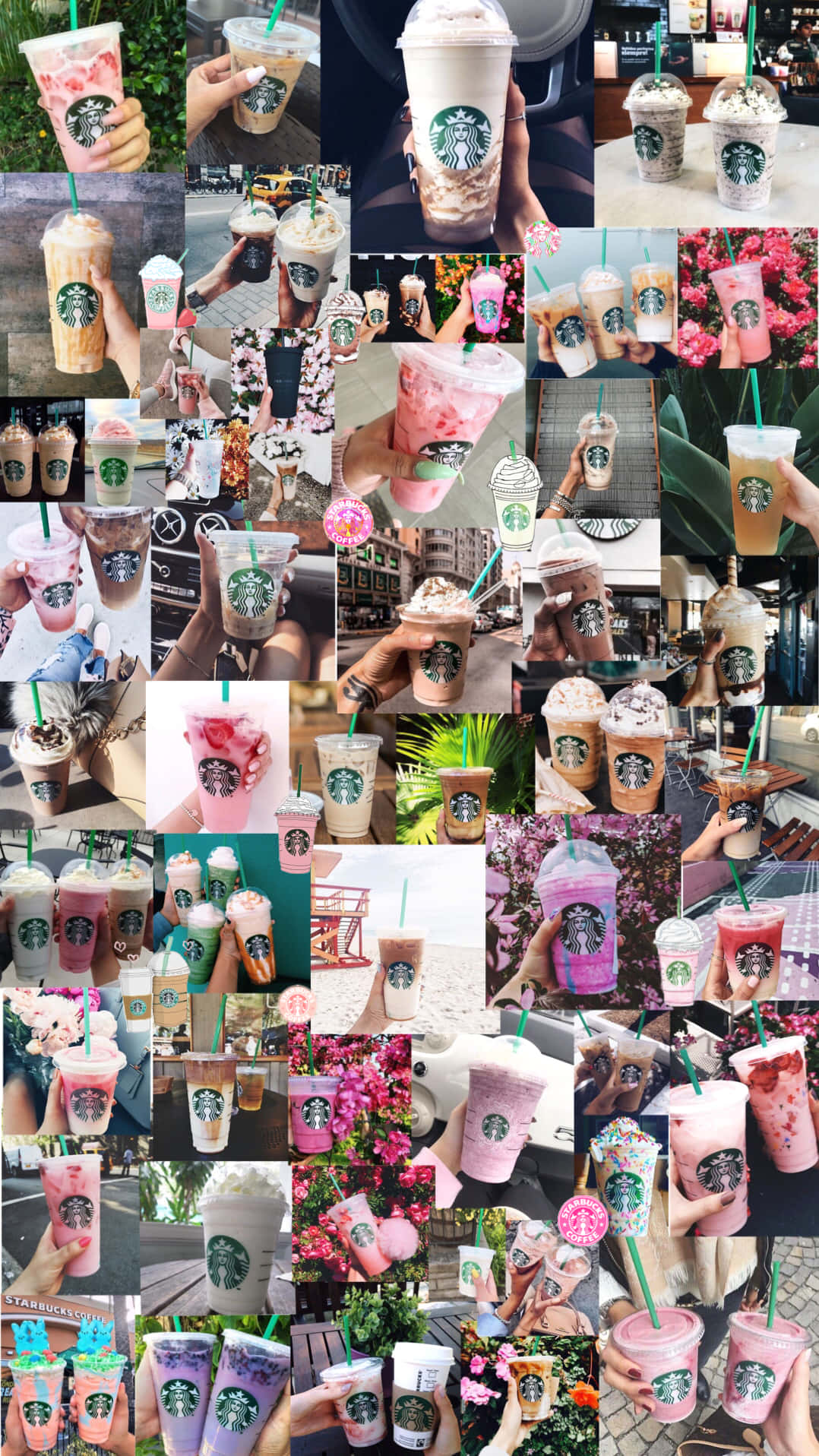 Aesthetic Starbucks 桌布 壁紙 — 一個充滿活力的拼貼畫，展示雙手在各種戶外和室內背景下拿著色彩繽紛的星巴克冰凍飲品。