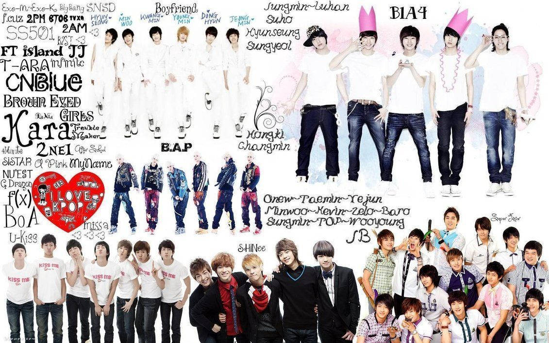 K-pop 桌布 壁紙 — 一個充滿活力的拼貼畫，展示韓國偶像團體穿著休閒服裝，帶有文字標籤和粉紅色派對帽。