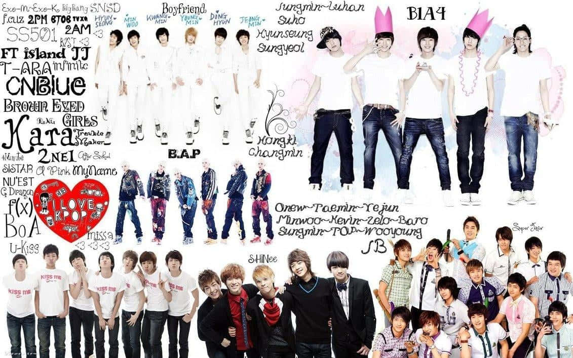 K-pop 桌布 壁紙 — 一個充滿活力的拼貼畫，展示韓國偶像團體穿著休閒服裝擺姿勢，名字和標誌散落在白色背景上。