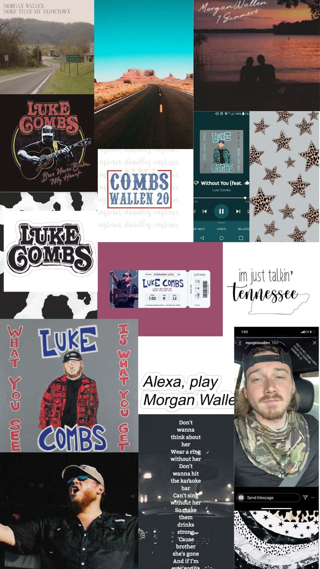 摩根·沃伦 桌布 壁紙 — 一個充滿活力的拼貼畫，慶祝 Luke Combs 和 Morgan Wallen，包含演唱會門票、歌詞、專輯藝術和風景優美的道路圖像。