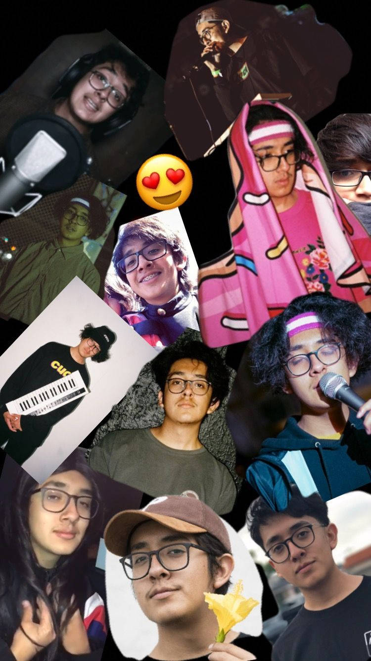 Cuco 桌布 壁紙 — 一個充滿活力的拼貼畫，描繪一位年輕男子以不同姿勢和服裝出現，包含麥克風、鍵盤和心形眼睛表情符號，背景為深色。